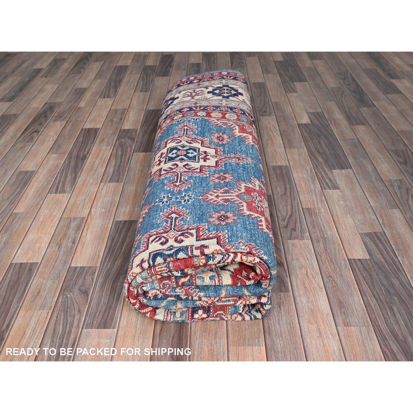 9'2"X11'9" Blue Hand Knotted Geometric Medallions Pure Wool Oriental Rug