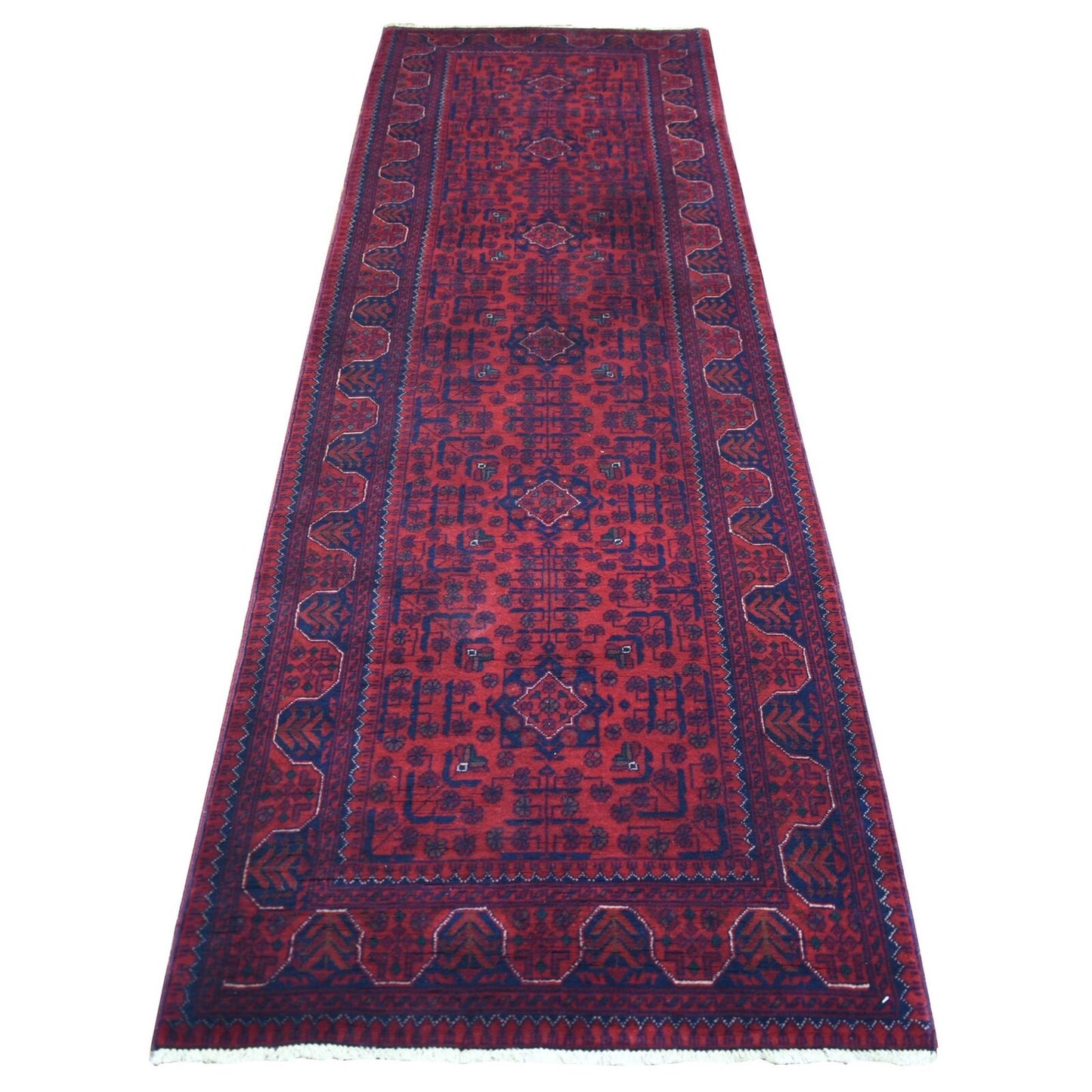 2'10"X9'8" Red Tribal Design Hand Knotted Afghan Khamyab Wool Runner Rug