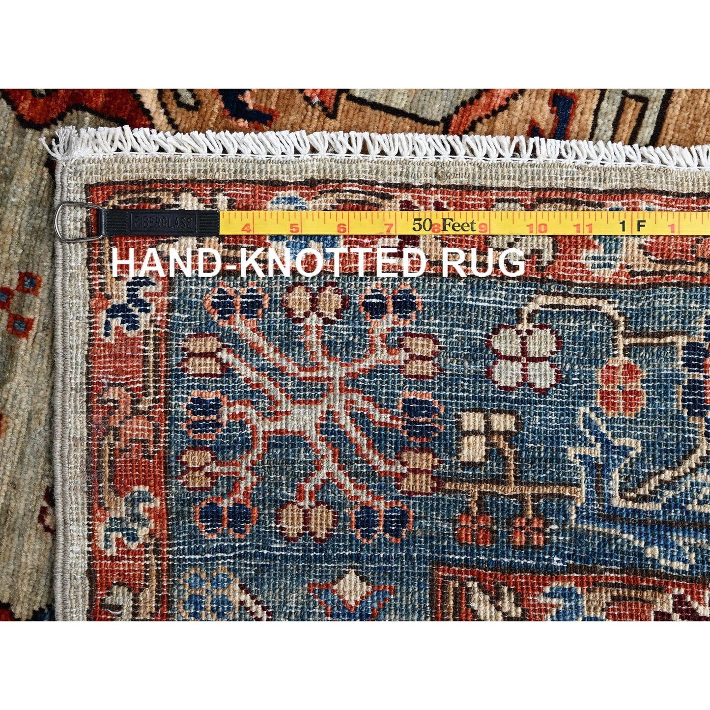 4'3"X13'1" Light Green Karjihooz Design Soft Wool Hand Knotted Runner Rug