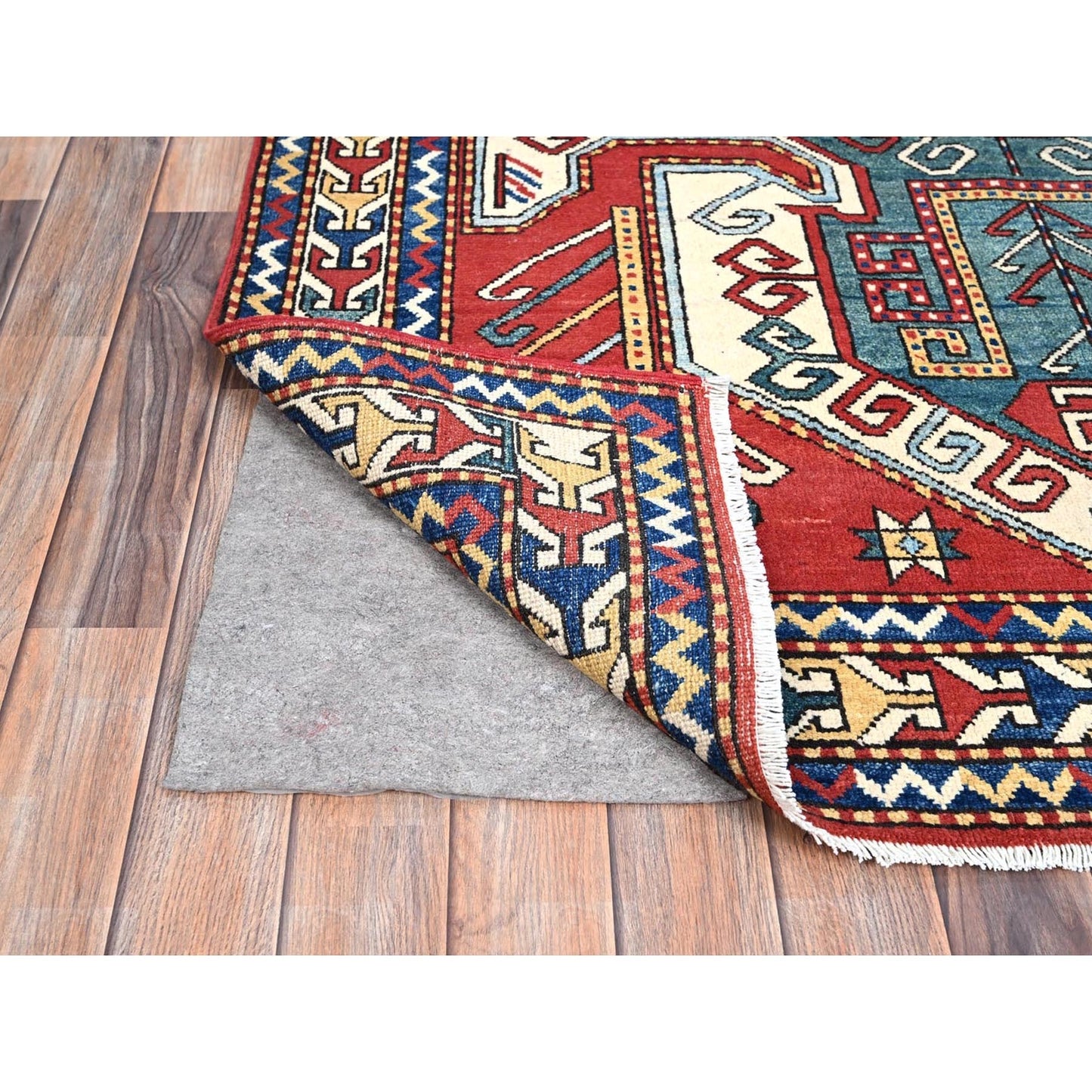5'X6'6" Pepperoni Red Wool Antiqued Caucasian Swan Kazak Hand Knotted Rug