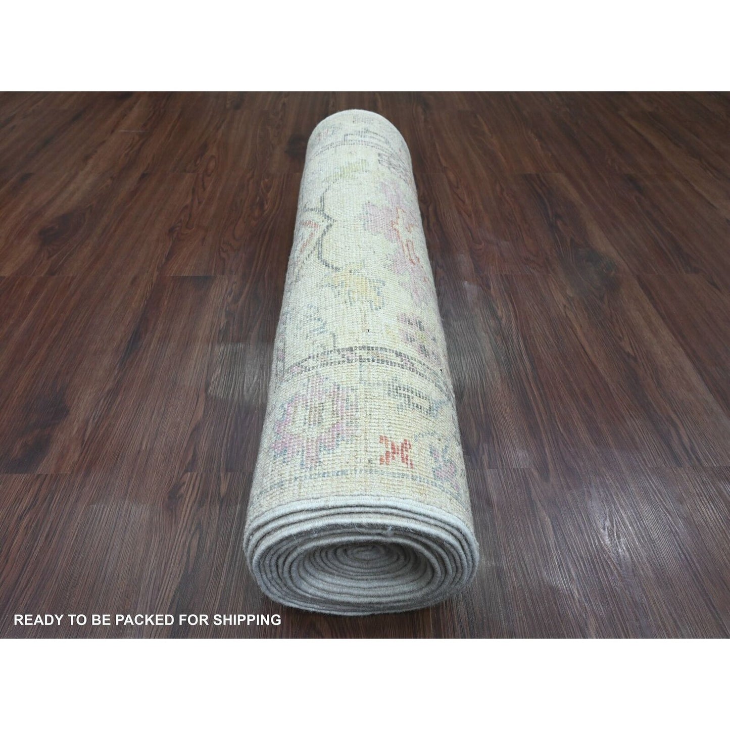 3'1"X22'4" White Angora Oushak Leaf Design Hand Knotted Wool Runner Rug