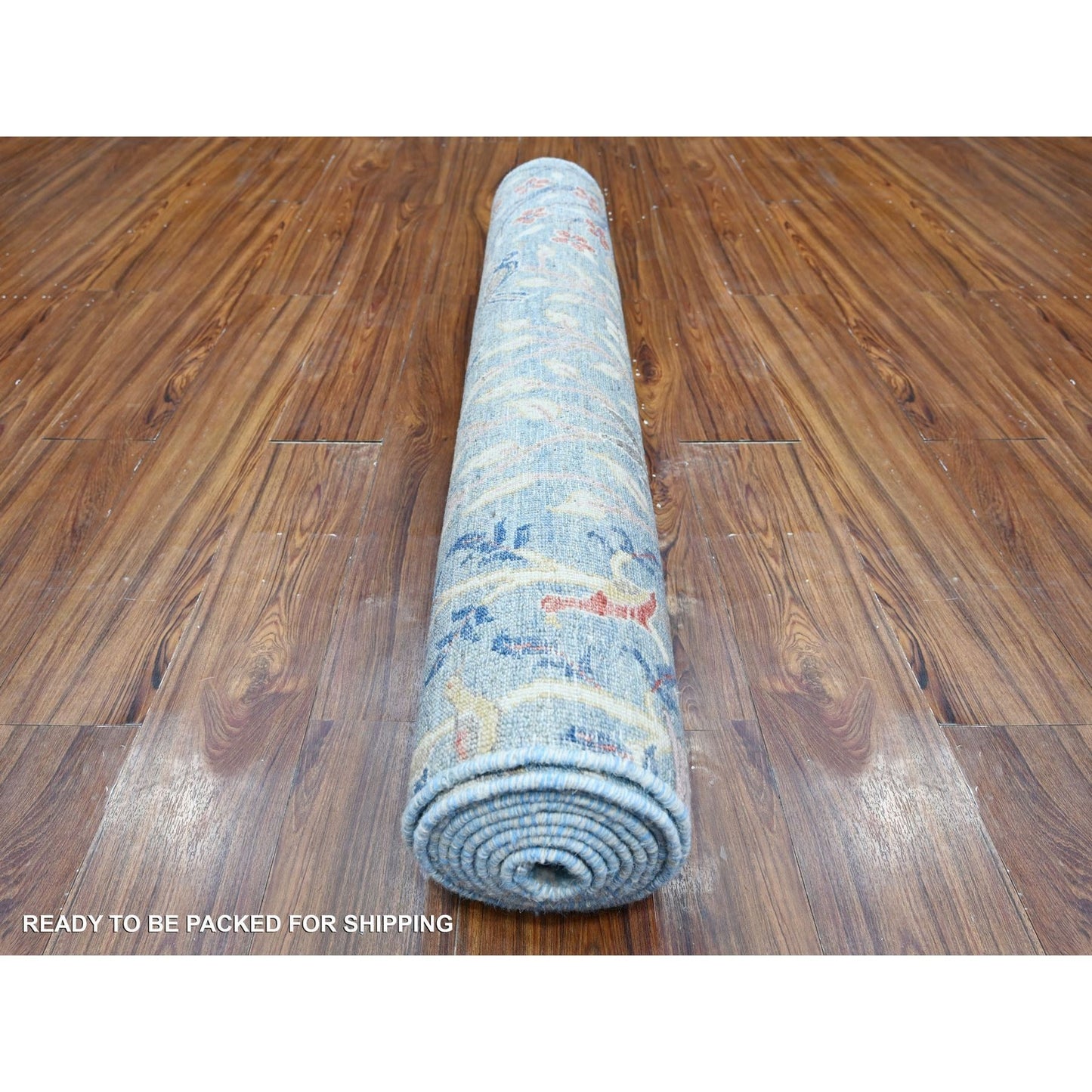4'X11'10" Blue Wool Peshawar Birds Paradise Hand Knotted Wide Runner Rug