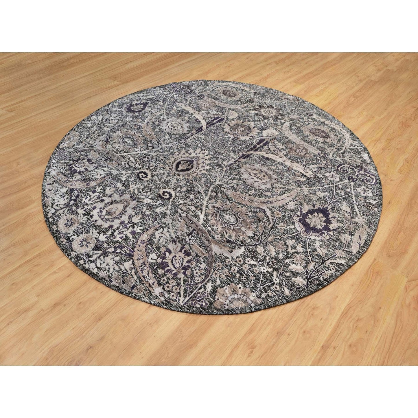 10'X10' Brown Wool And Silk Hand Knotted Sickle Leaf Round Oriental Rug