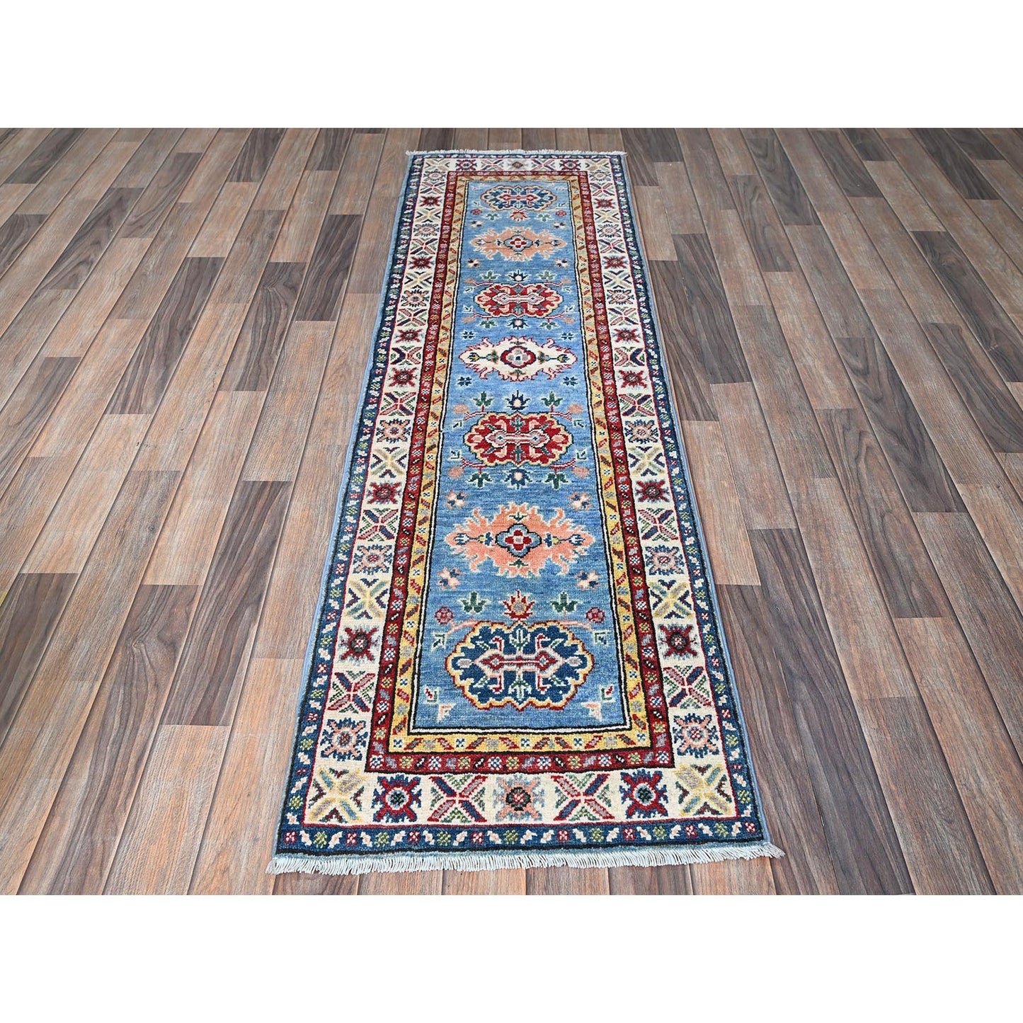 2'X6'6" Blue Kazak With Tribal Design Soft Wool Hand Knotted Runner Rug