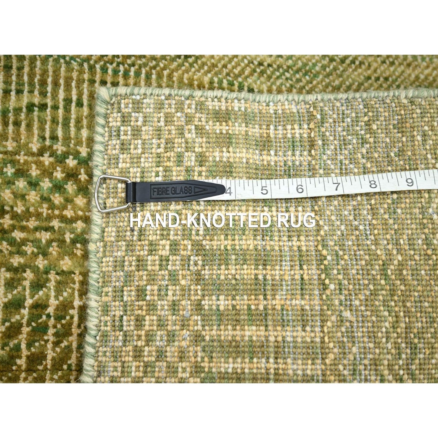 4'X6'1" Amber Green Wool And Silk Modern Grass Design Hand Knotted Rug