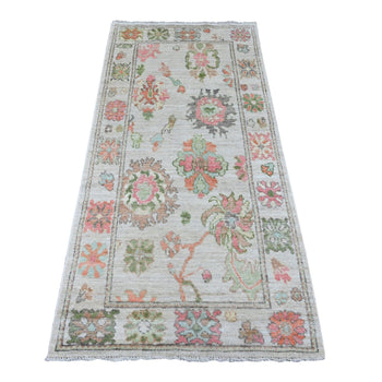 3'X6' White Afghan Angora Oushak Leaf Design Hand Knotted Wool Runner Rug