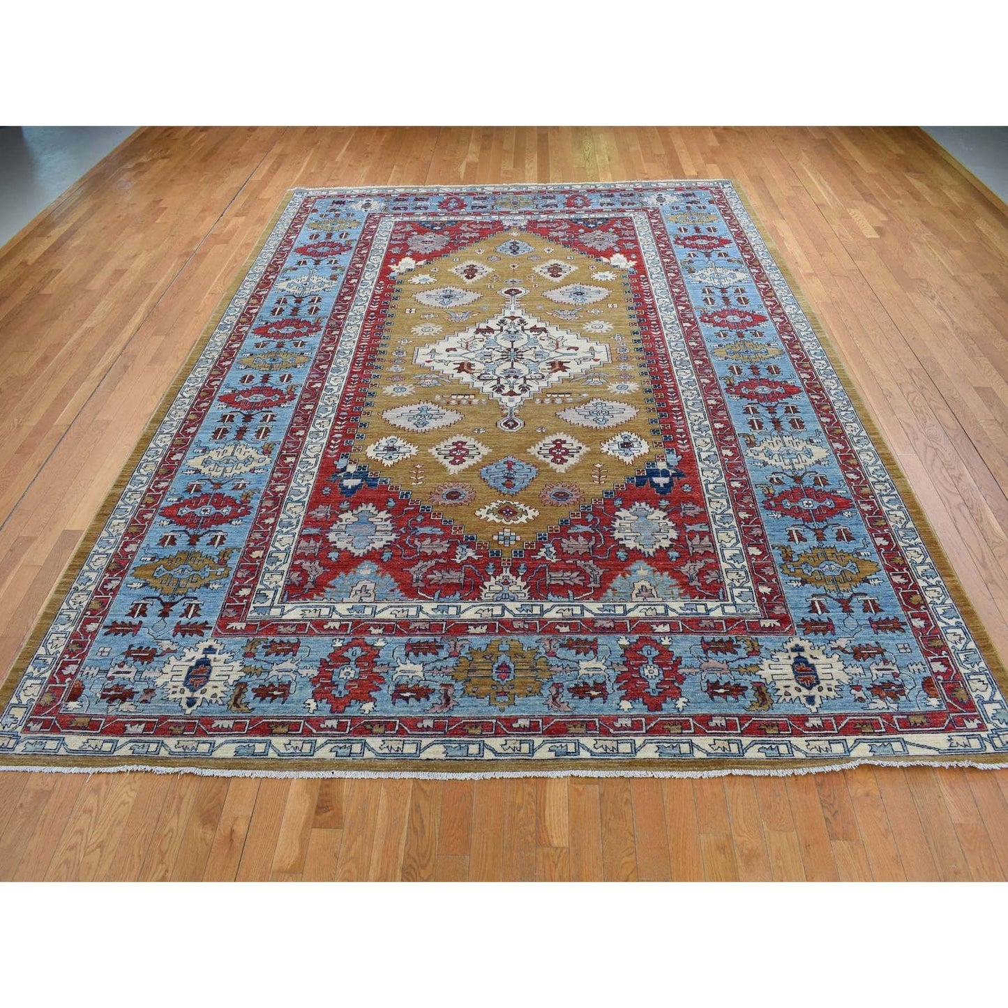 9'10"X13'10" Green Geometric Bookshaish Design Hand Knotted Pure Wool Rug