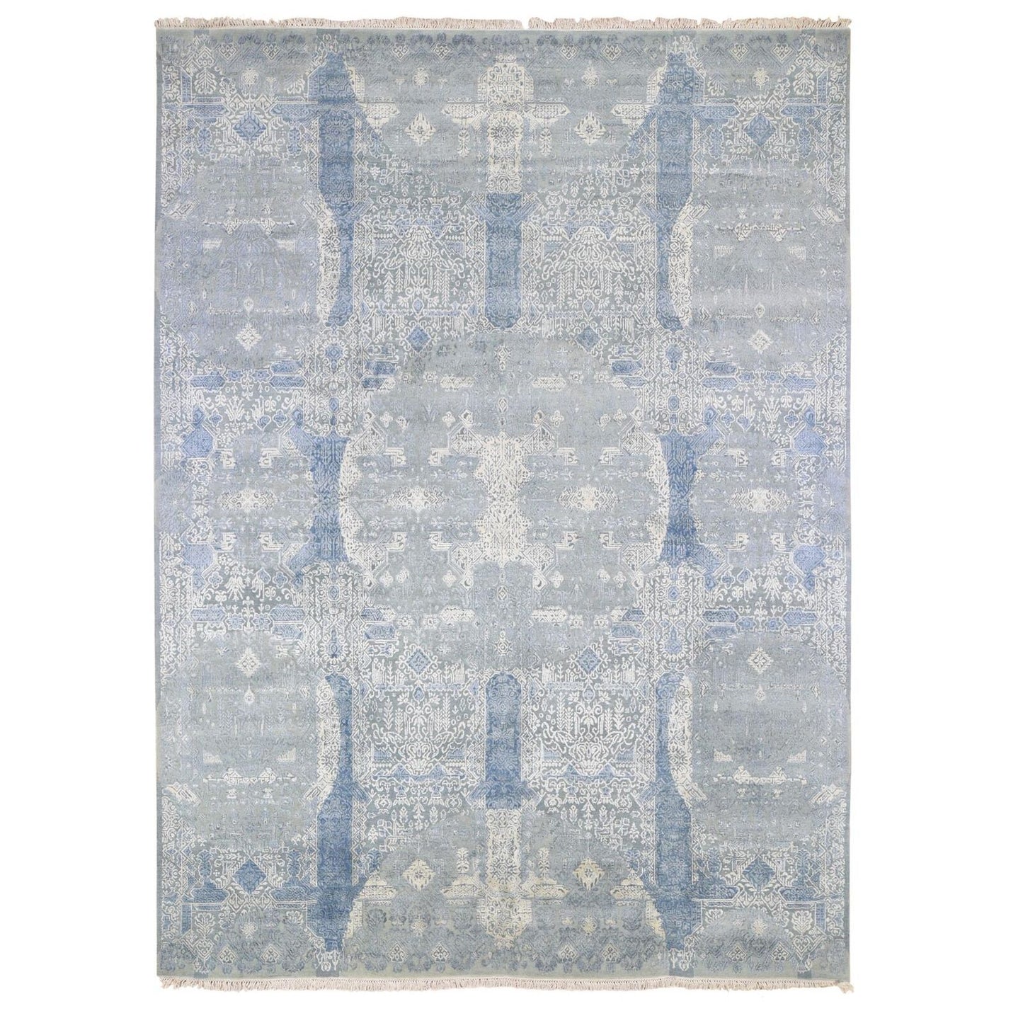 9'X12'2" Wool And Pure Silk Hand Knotted Blue Jewellery Design Rug