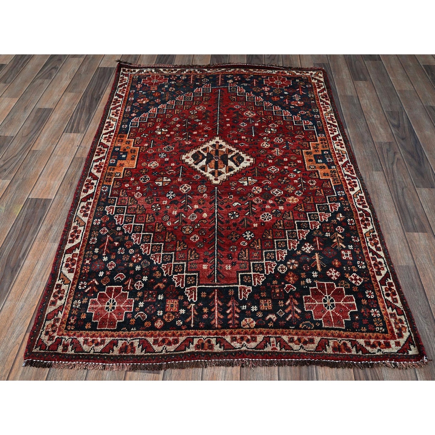 3'6"X5'1" Scarlet Red Vintage Zoroastrian Sheeraz Hand Knotted All Wool Rug
