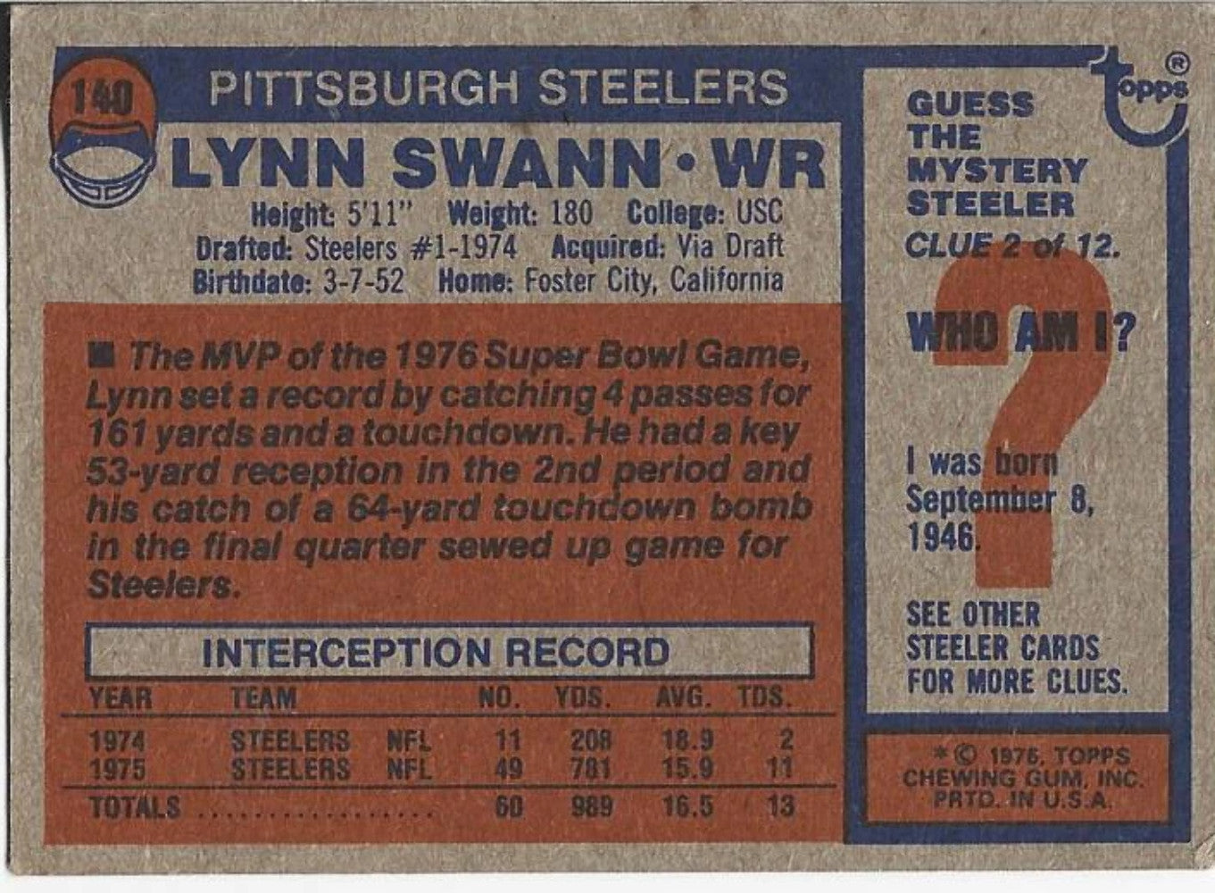 Lynn Swann 1976 Topps Card #140