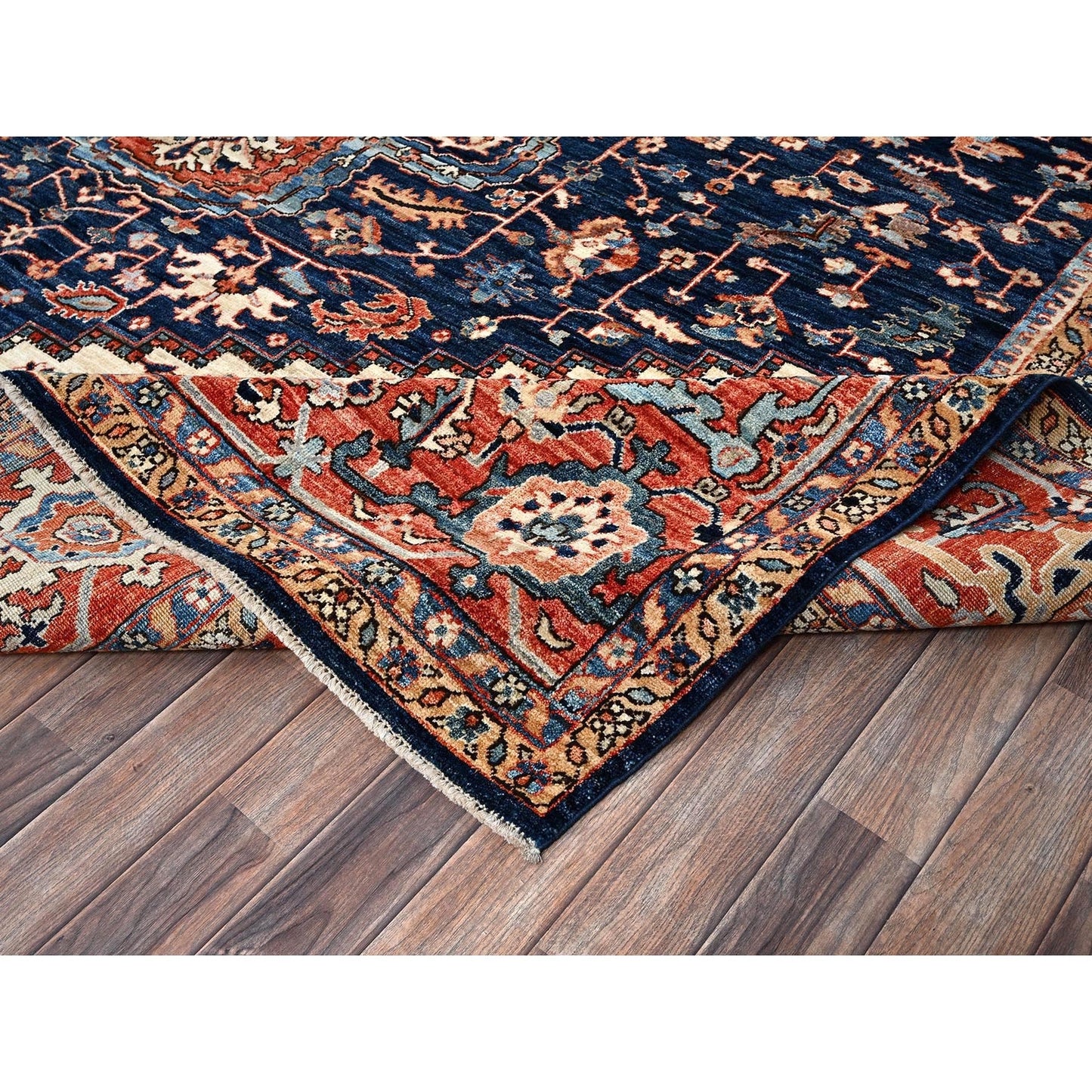 10'1"X14' Midnight Blue Seeripe Heris Design Soft Wool Hand Knotted Rug