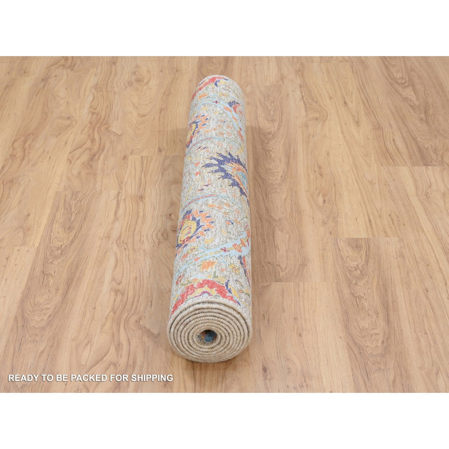 4'1"X10'3" Silk And Wool Hand Knotted Tan Sickle Design Wide Runner Rug