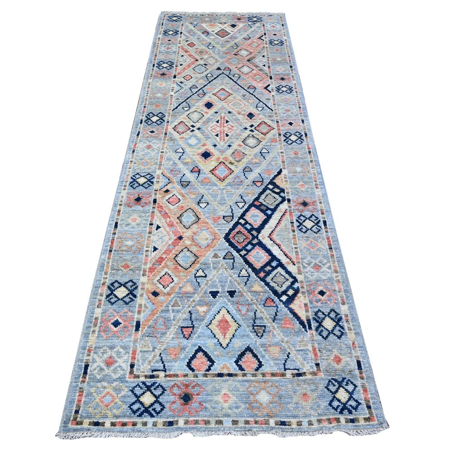 3'2"X10'2" Arctic Blue Hand Knotted Village Inspired Shiny Wool Rug