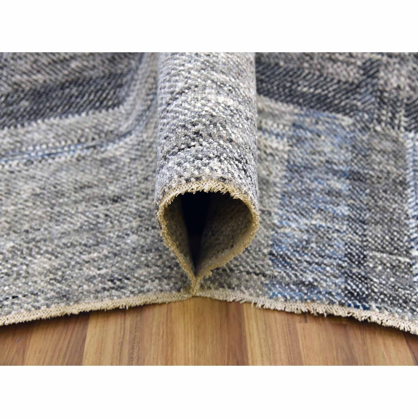 9'X12'1" Gray Geometric Opened Up Plaid Design Wool Hand Knotted Rug