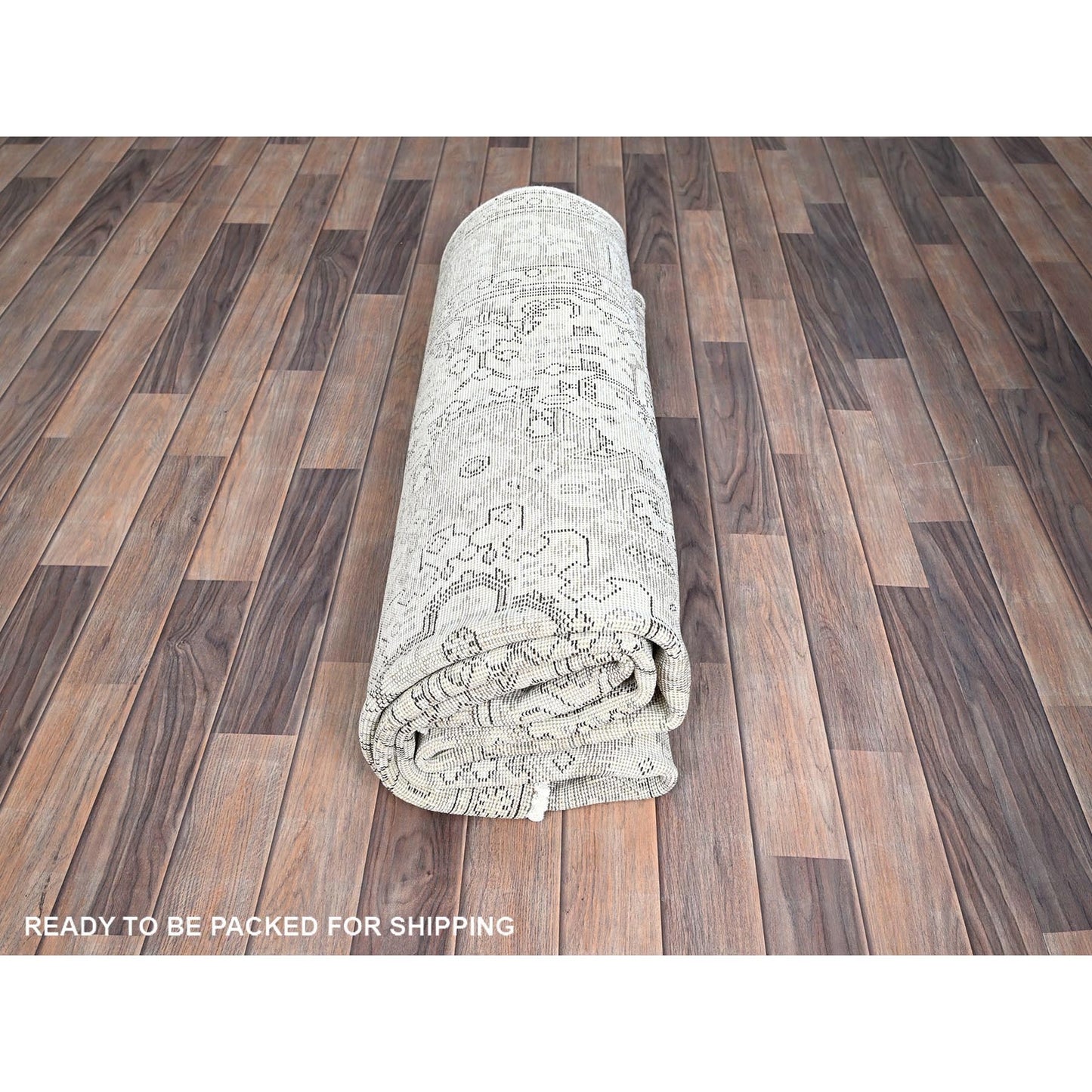 6'5"X9'1" Ivory Zoroastrian Secured Distressed Oriental Wool Rug