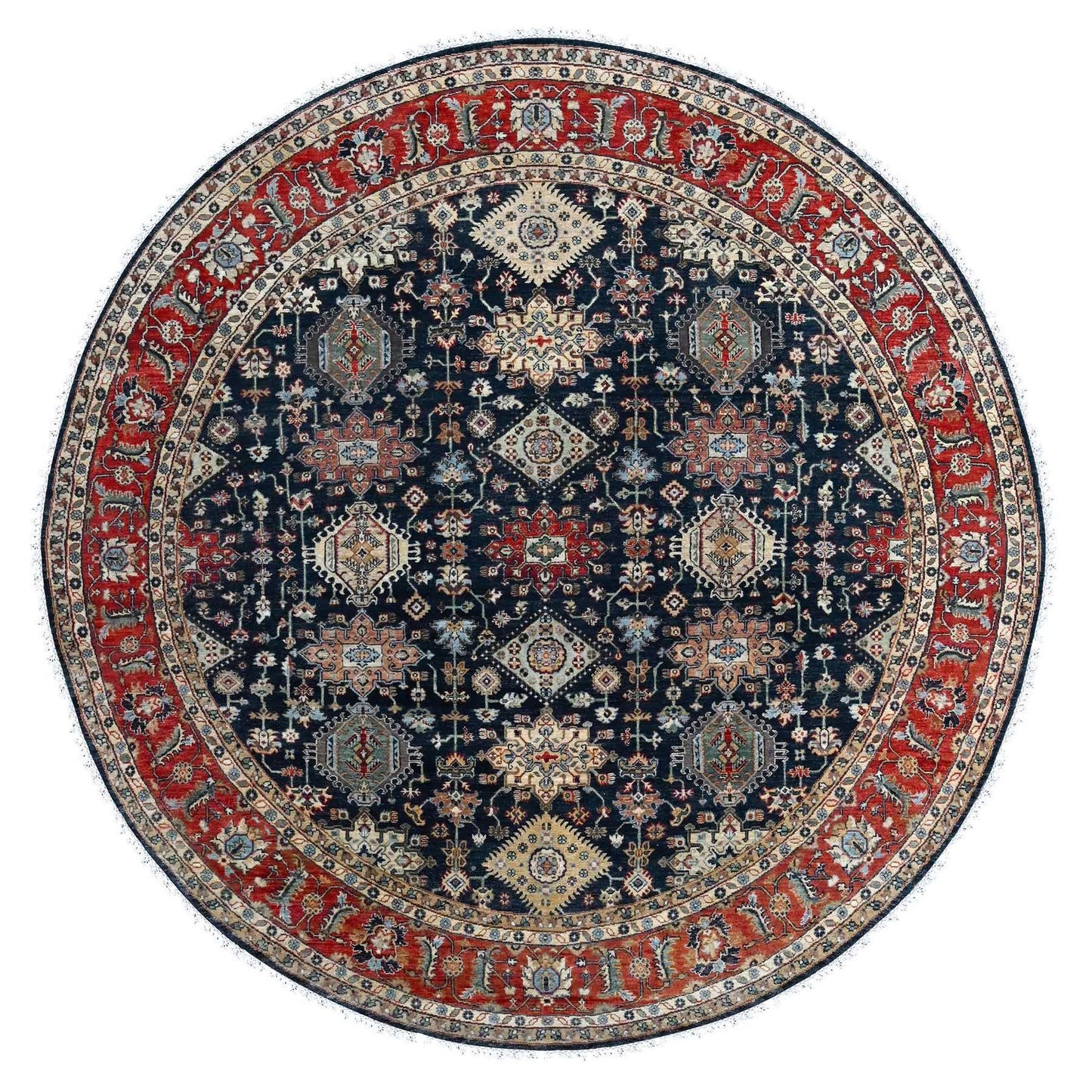10'X10' Power Black Hand Knotted Karjihooz Design Pure Wool Round Rug