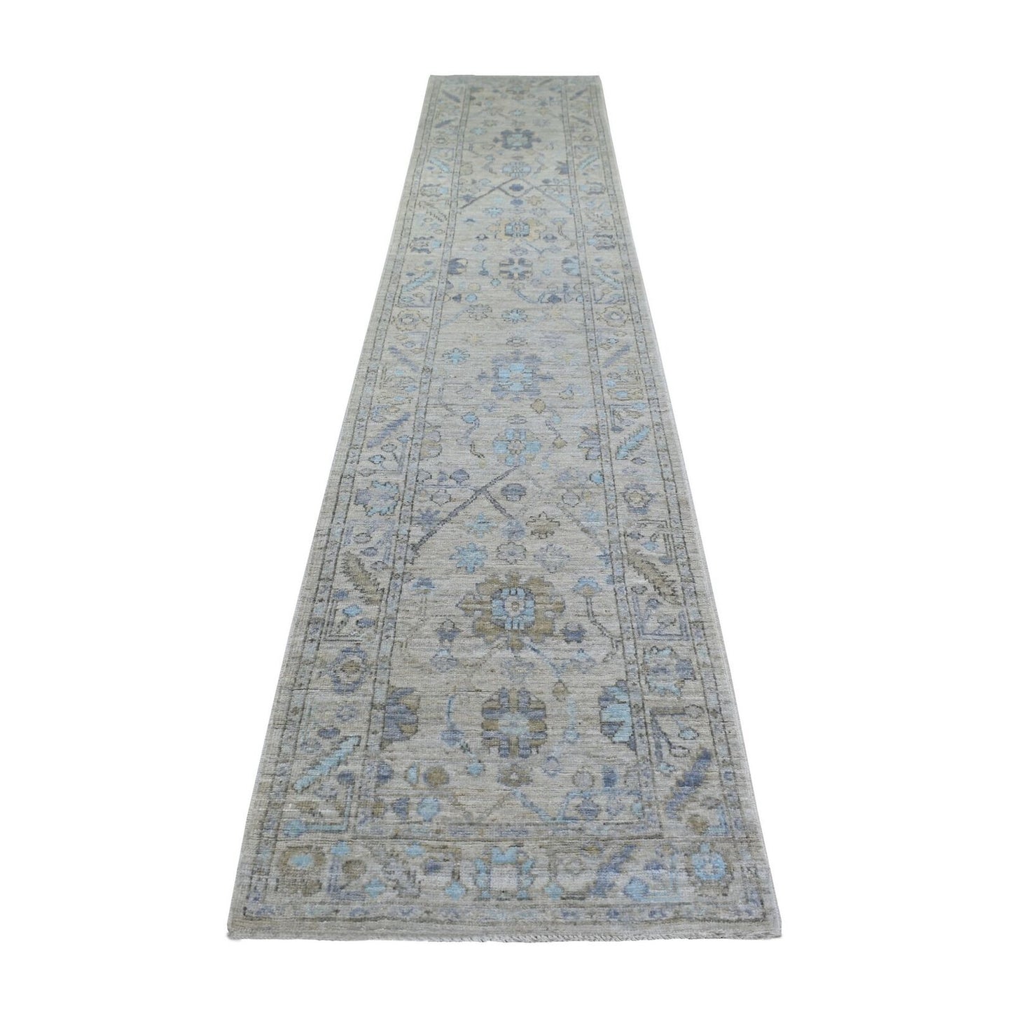 2'9"X15'1" Gray Natural Wool Afghan Angora Oushak Hand Knotted Runner Rug
