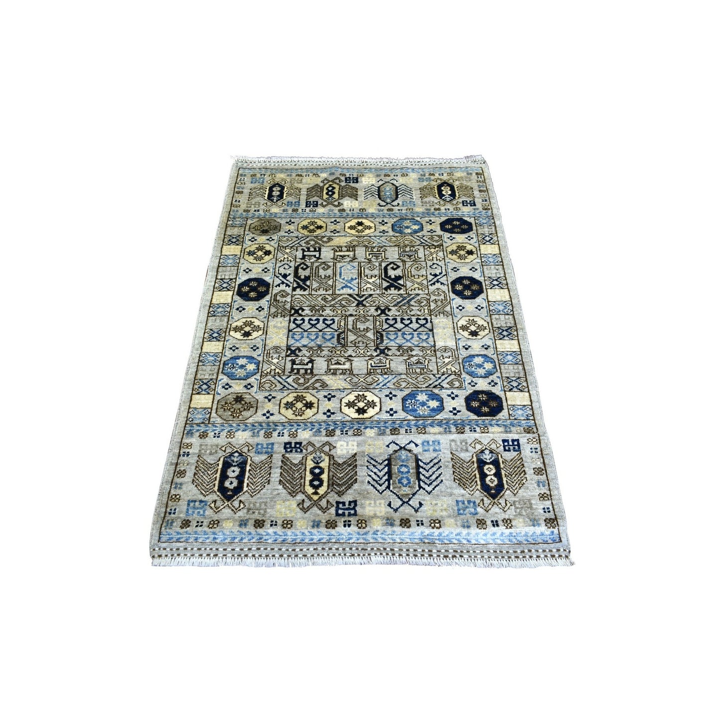 3'3"X4'10" Gray Afghan Ersari With Tribal Design Hand Knotted Wool Rug