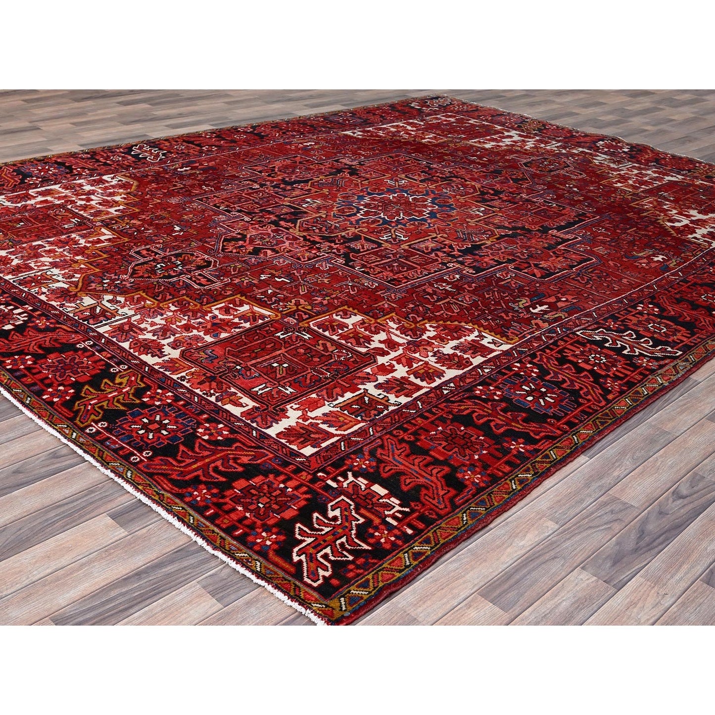 10'X12'8" Red With Asphalt Black Border Vintage Heris Oriental Rug