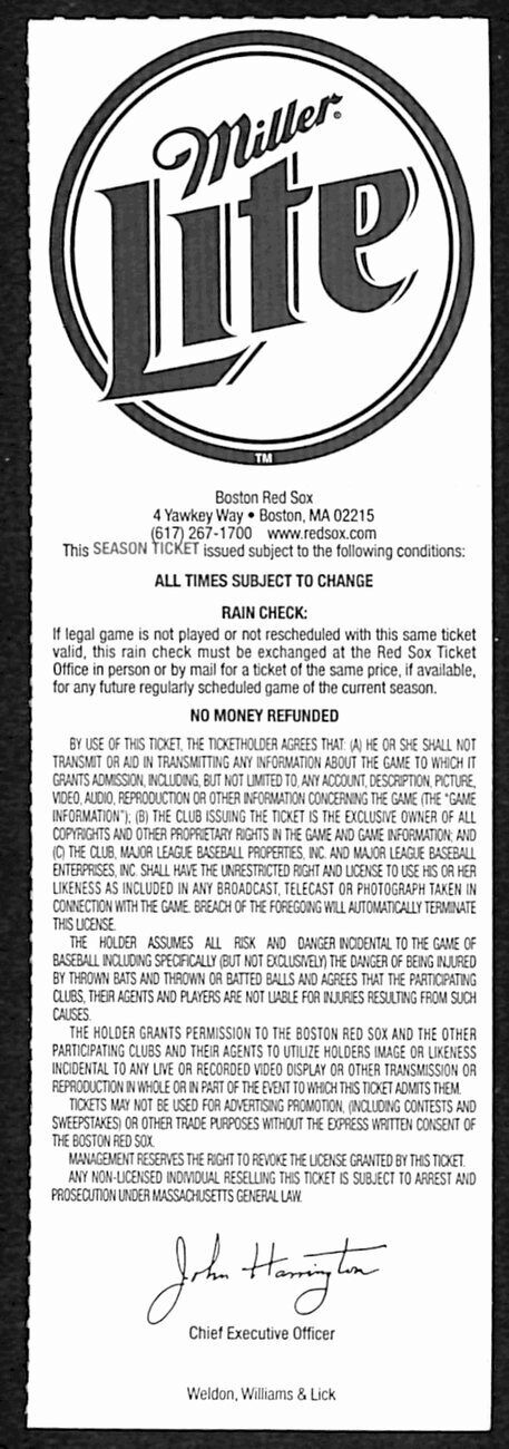 2001 Ticket Red Sox Scott Hatteburg Hits Into
