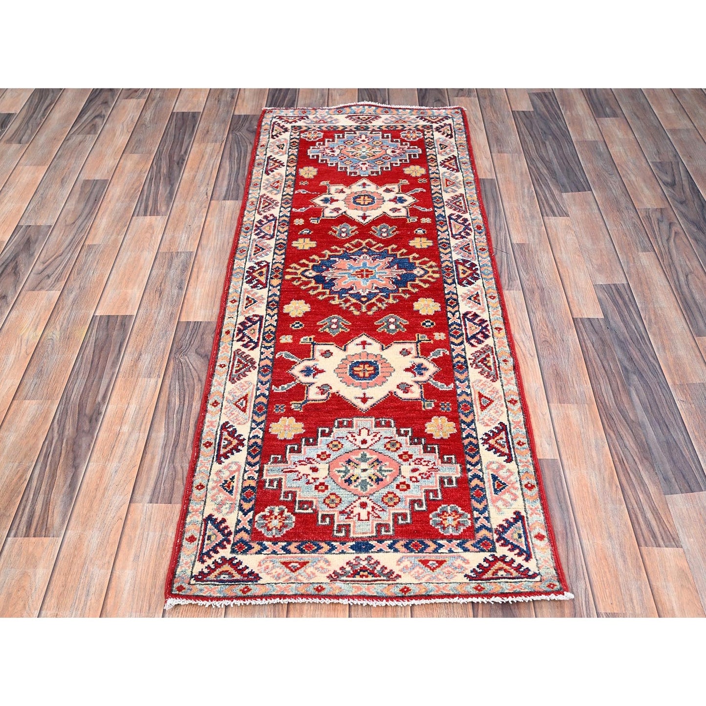 2'1"X5'6" Red Kazak Geometric Medallion Motifs 100% Wool Hand Knotted Rug