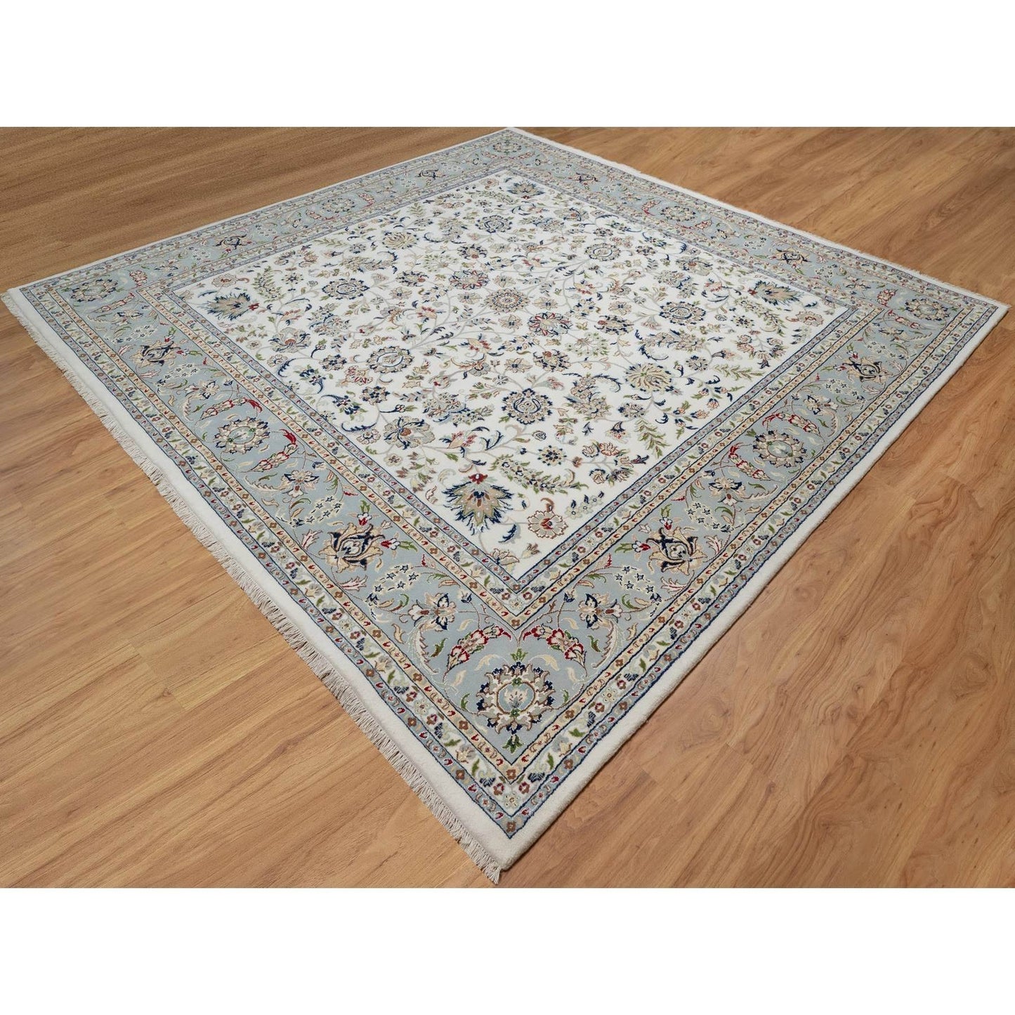 10'2"X10'2" White Nain Flower Motif Wool And Silk Hand Knotted Square Rug