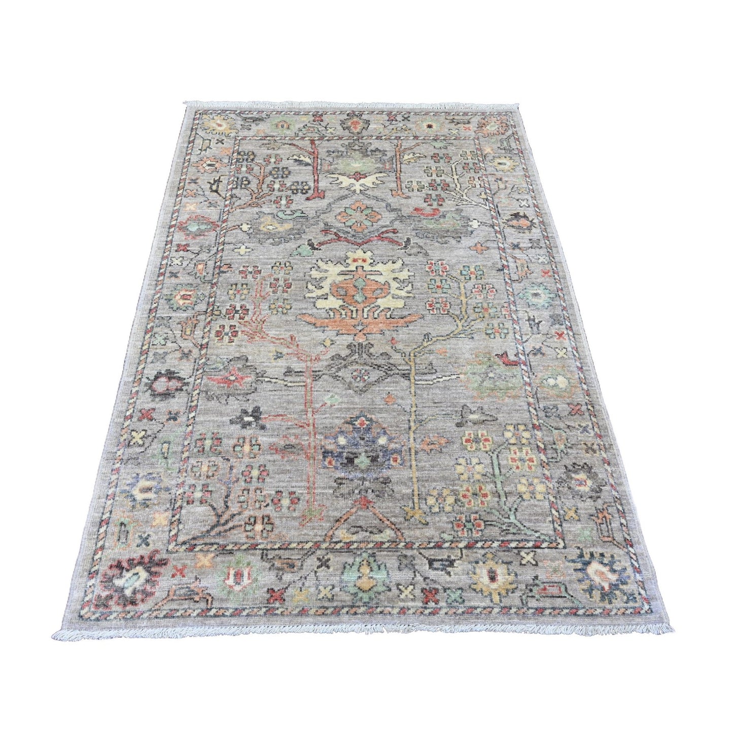 4'X6' Gray Hand Knotted Afghan Angora Oushak All Over Pattern Wool Rug