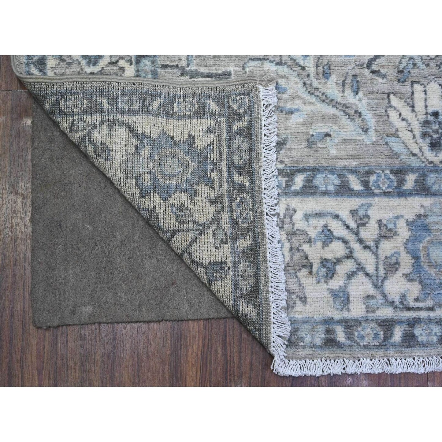 4'X12' Upward Gray Wool Sickle Leaf Design Wide Runner Hand Knotted Rug