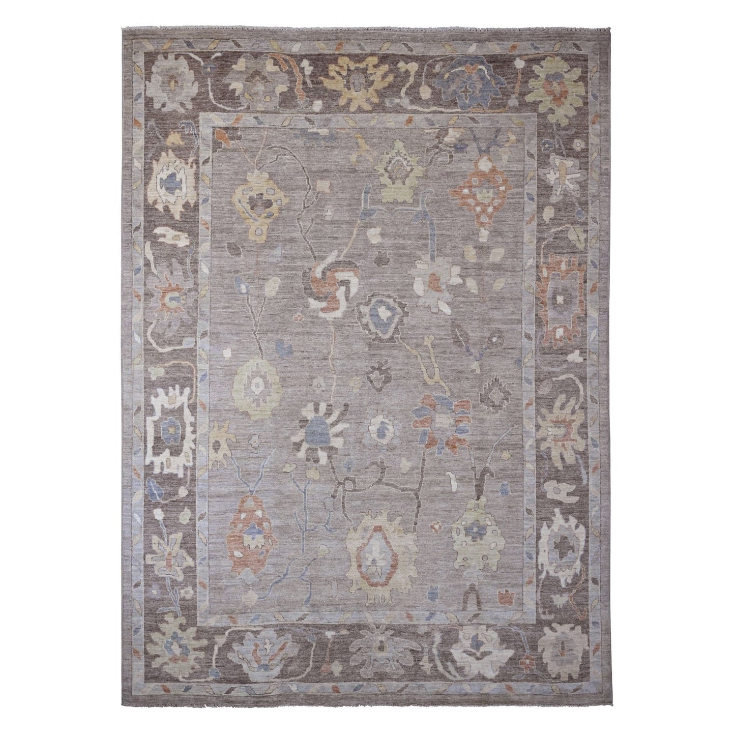 9'10"X13'6" Gray Afghan Angora Oushak Leaf Design Hand Knotted Wool Rug