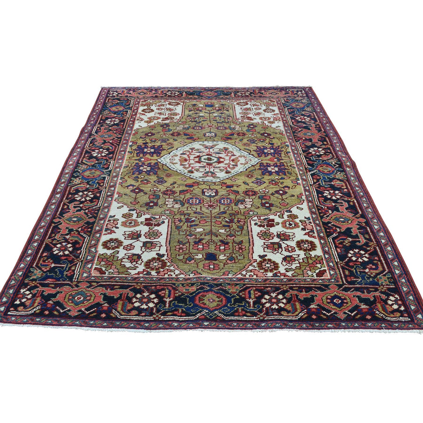 4'6"X6'4" Green Hand-Knotted Antique Heris Mint Cond Wool Oriental Rug