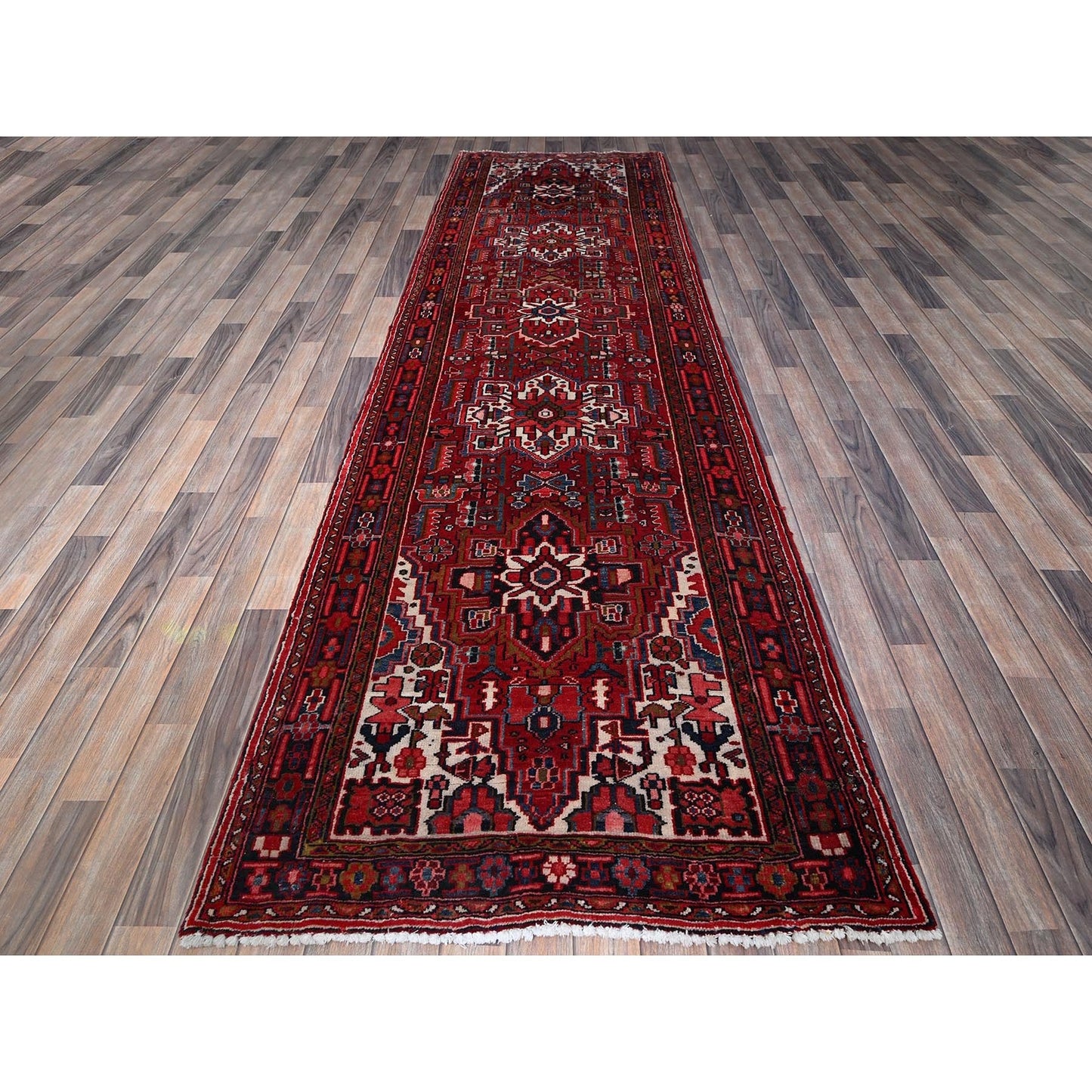 3'6"X11'5" Red Vintage Zoroastrian Heris Pure Wool Hand Knotted Runner Rug