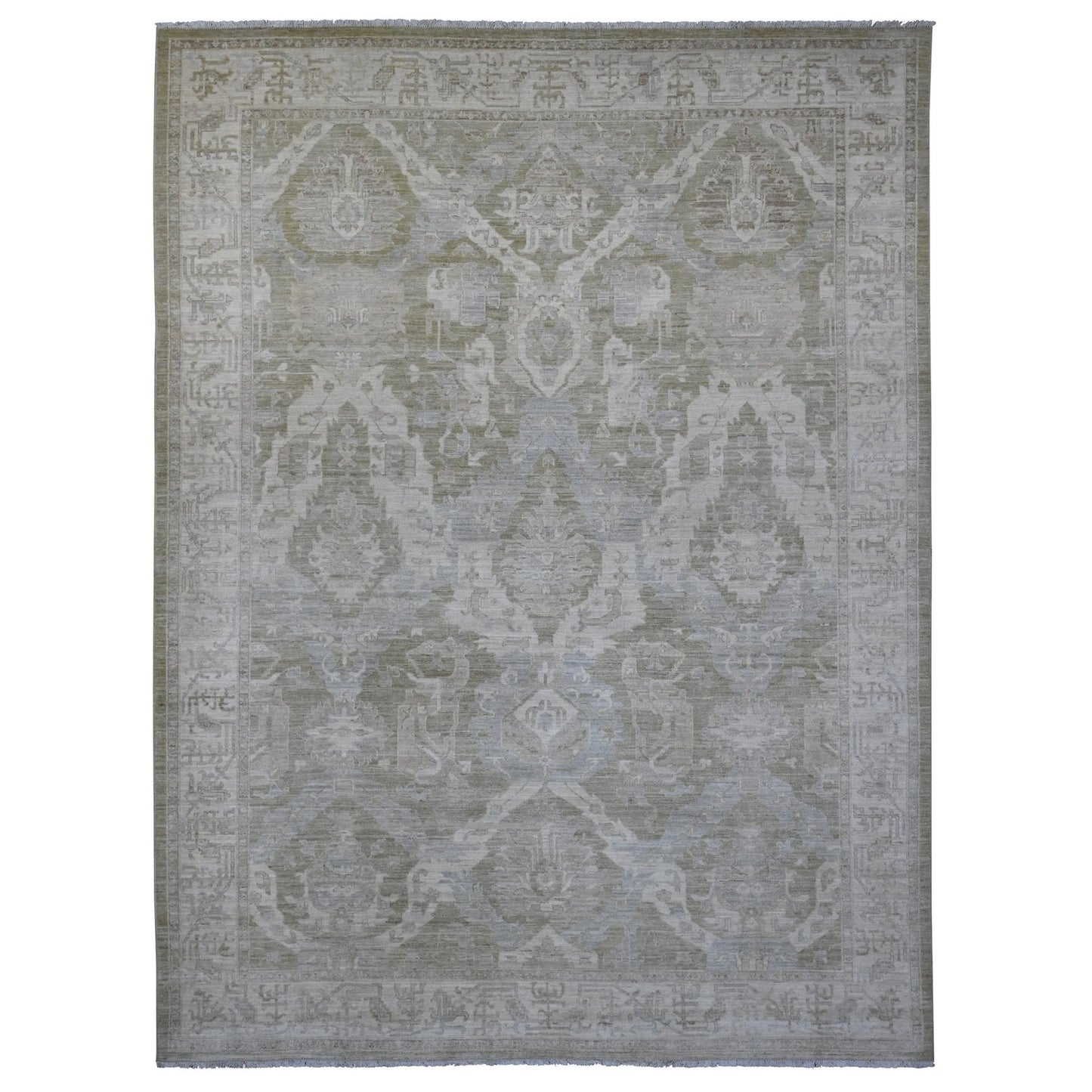 9'X11'9" Green Antiqued Peshawar Mahal Design Hand Knotted Pure Wool Rug