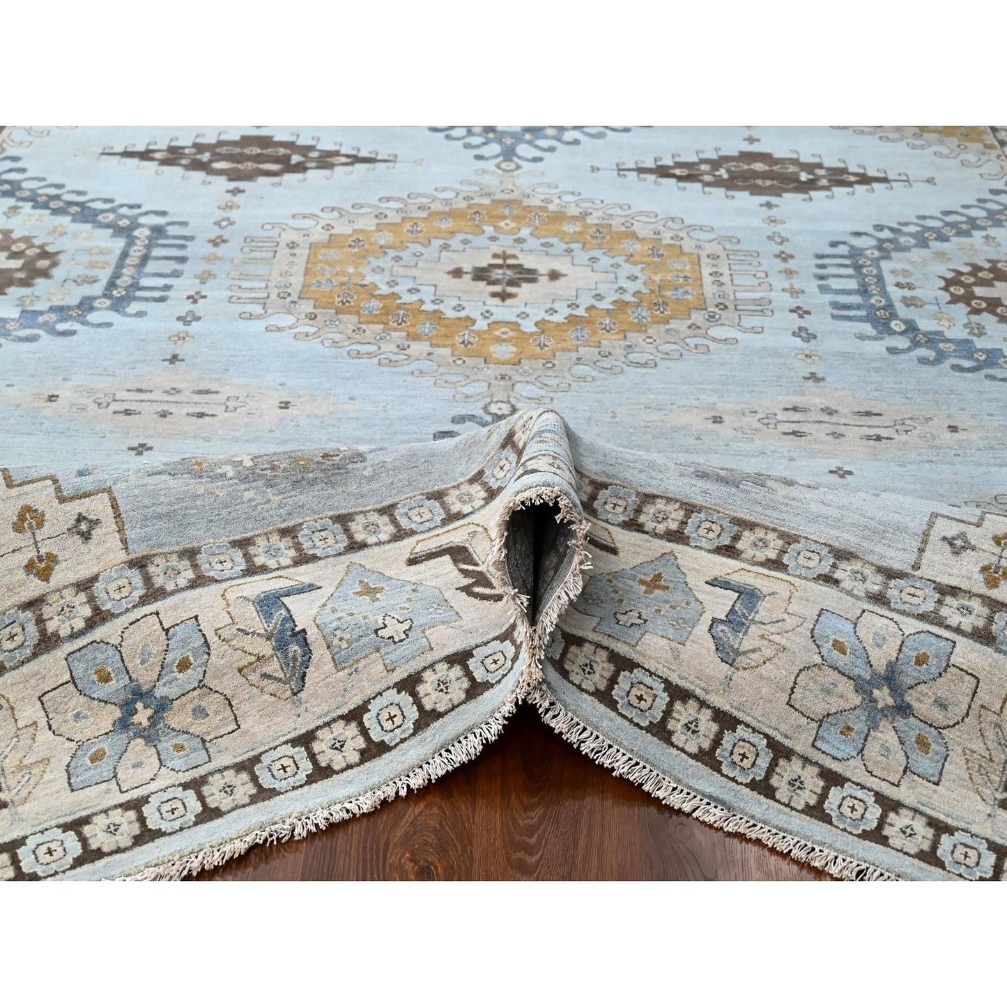 10'X14' Lazy Gray Hand Knotted Zoroastrian Village Inspired Geometric Rug