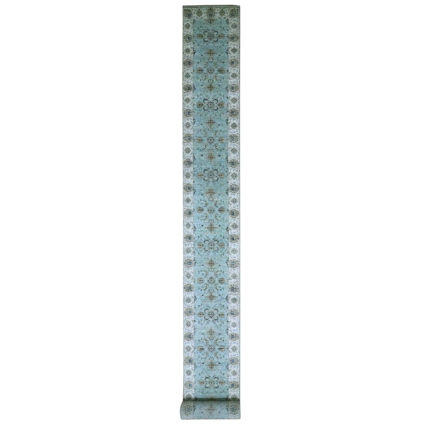 2'6"X29'10" Blue Hand Knotted Flower Vines Design Pure Wool Xl Runner Rug