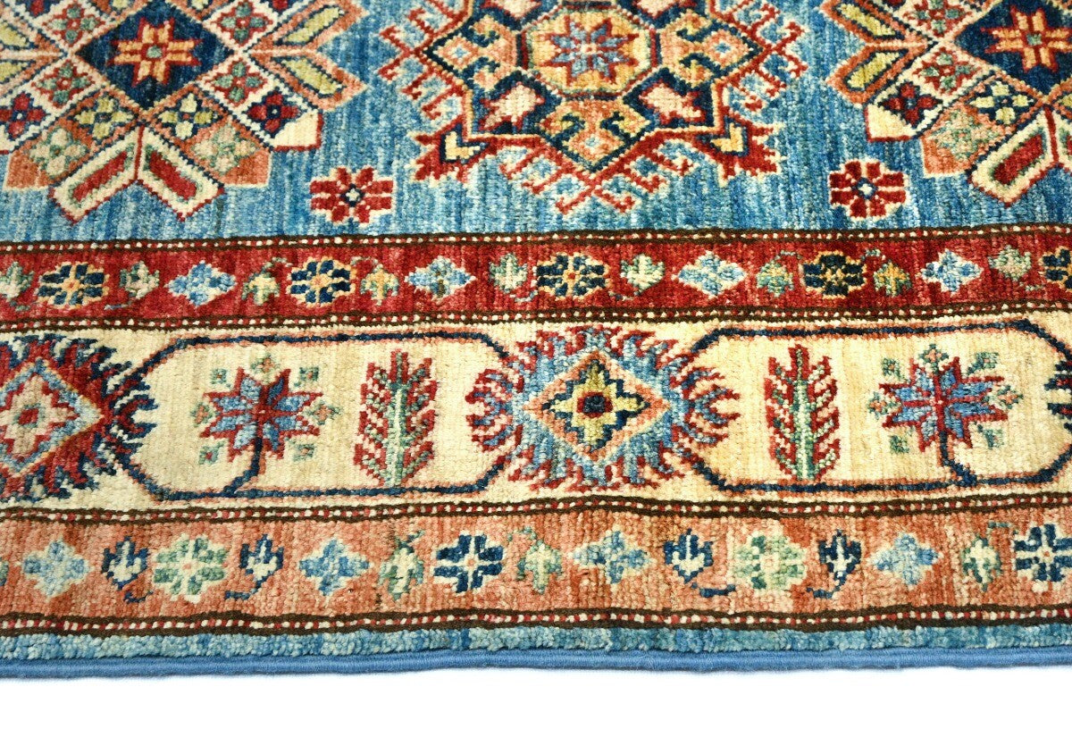 Tribal Geometric Kazak Area Rug Blue Farmho Boho