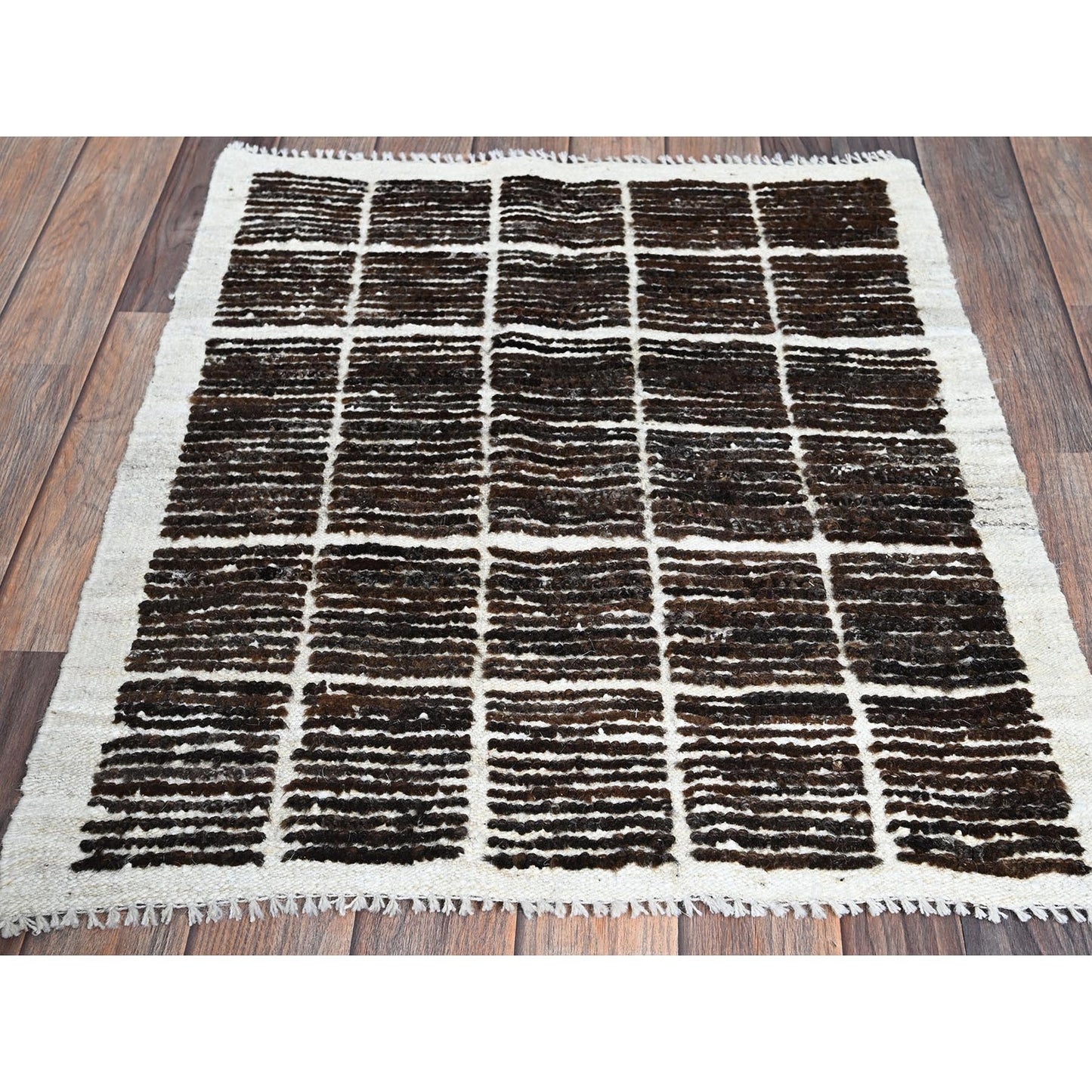 2'3"X2'8" Brown Moroccan Weave Grid Design Wool Hand Knotted Sample Rug