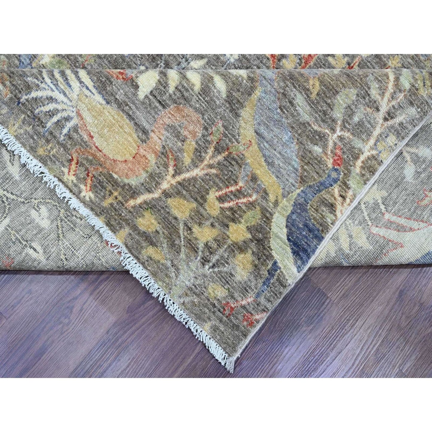 9'1"X11'9" Brown Afghan Peshawar Birds Design Soft Wool Hand Knotted Rug