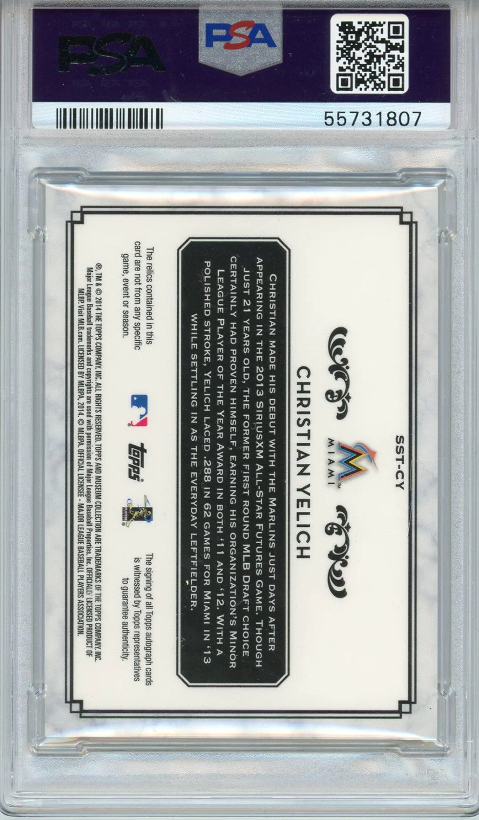 Christian Yelich Autographed 2014 Topps Museum Collection Triple Swatch Relic Ca