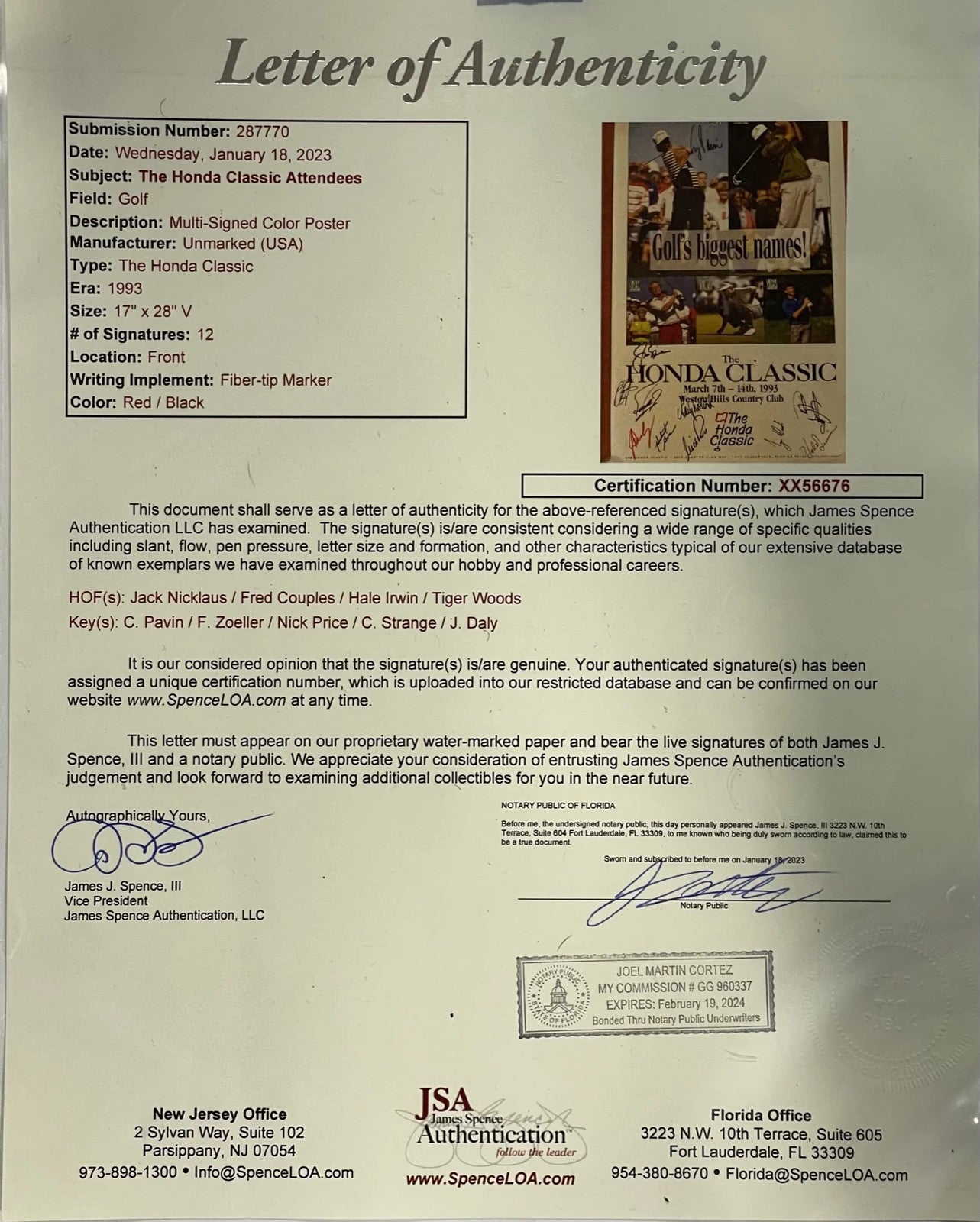1993 The Honda Classic Autographed Framed Poster