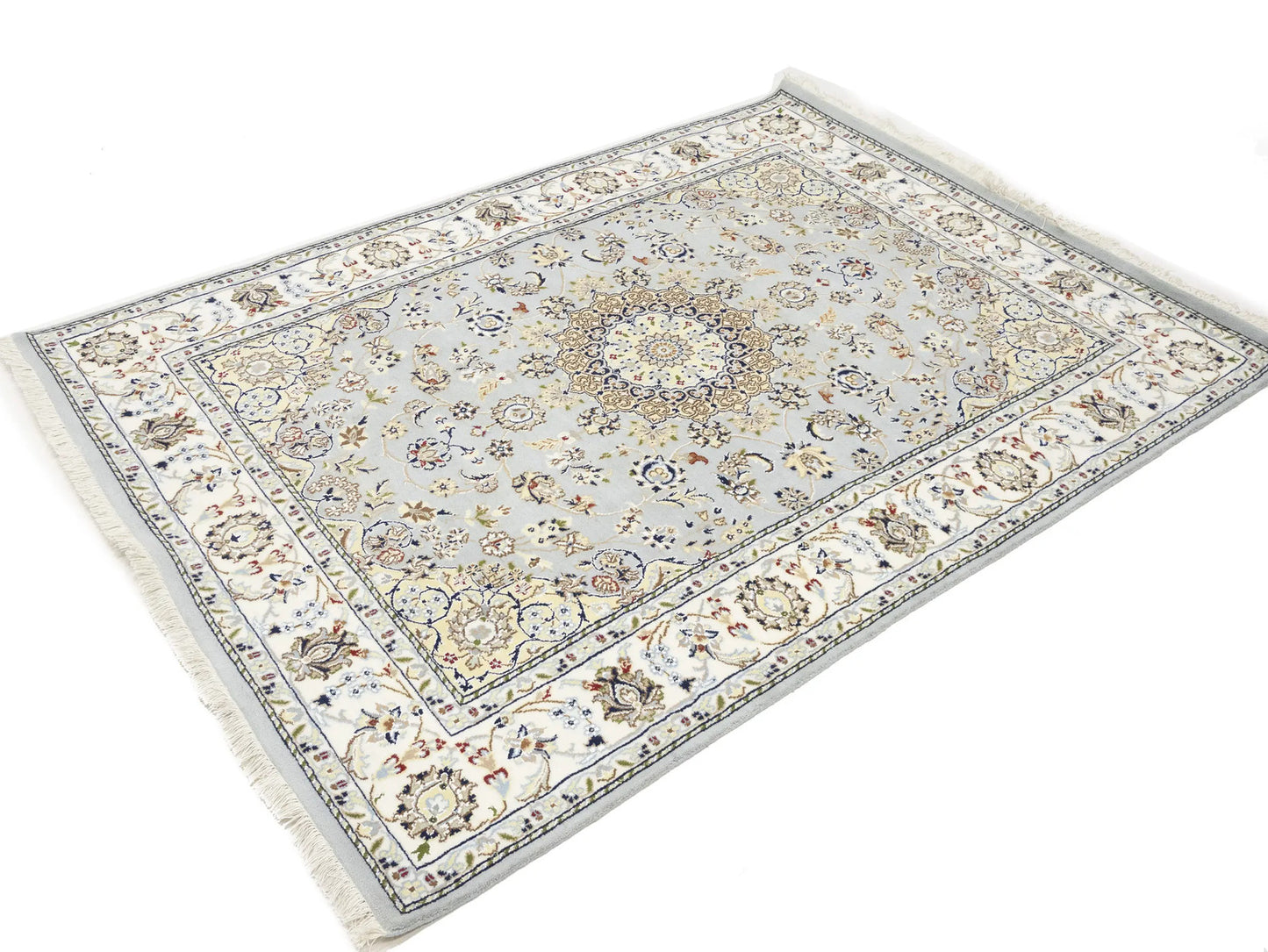 Wool Silk Indo-Nain Blue Gray 5X7 Ft Oriental Rug
