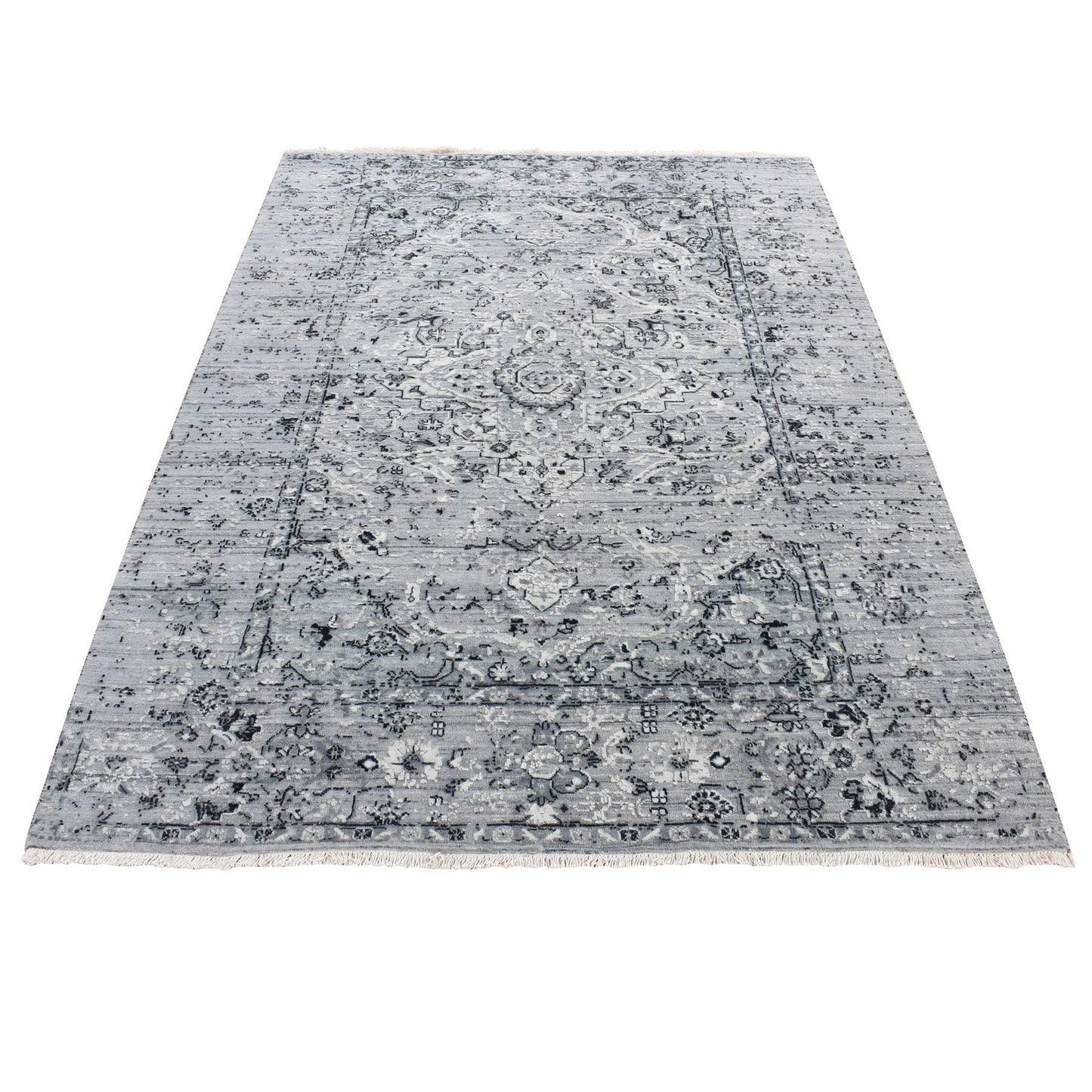 5'1"X7' Black Coral Design Silk And Wool Hand Knotted Oriental Rug