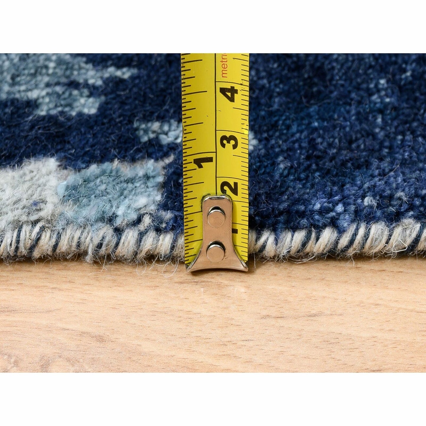 2'6"X10' Denim Blue Mosaic Design Hand Knotted Wool And Silk Rug