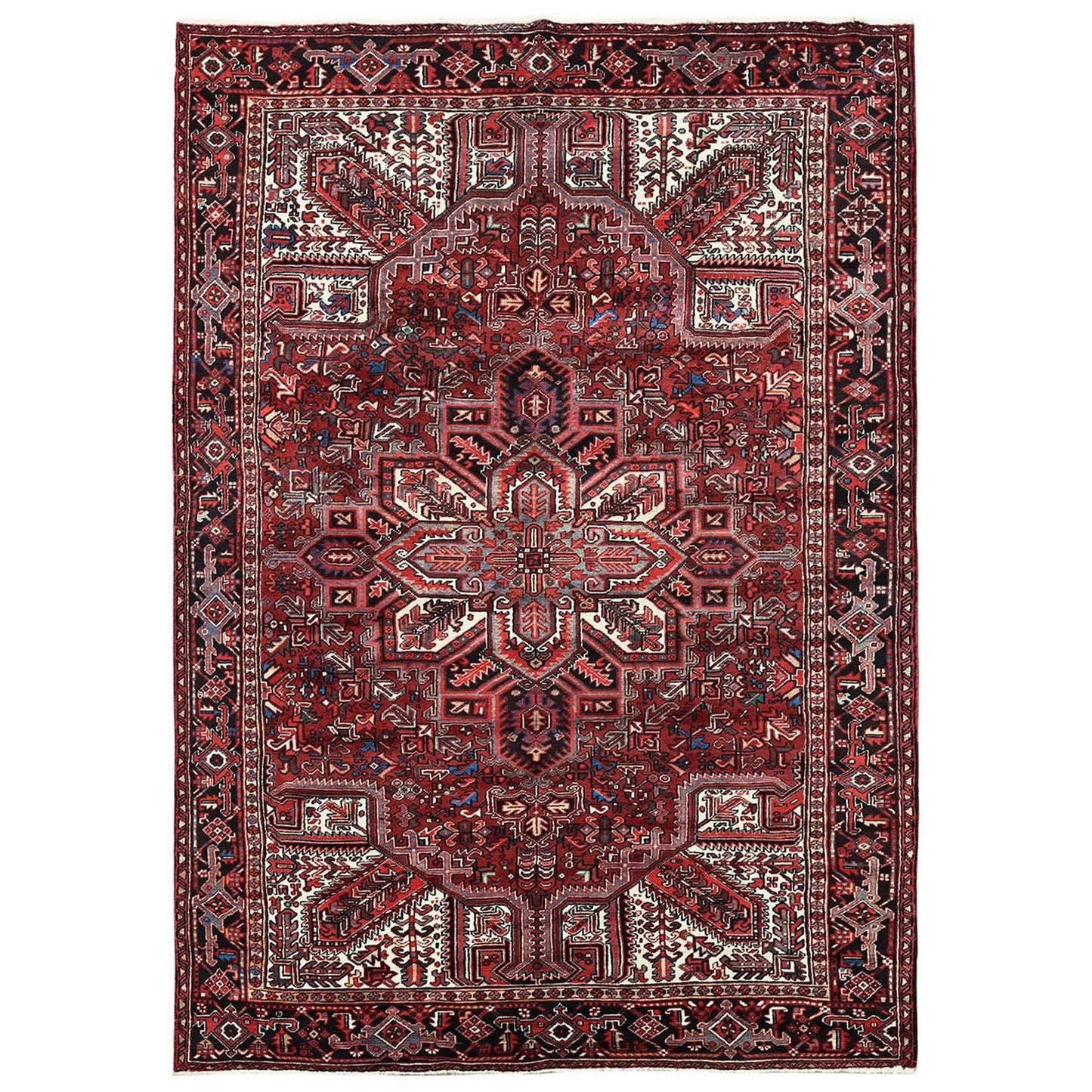 7'7"X10'9" Red Vintage Zoroastrian Heris Worn Down Hand Knotted Wool Rug