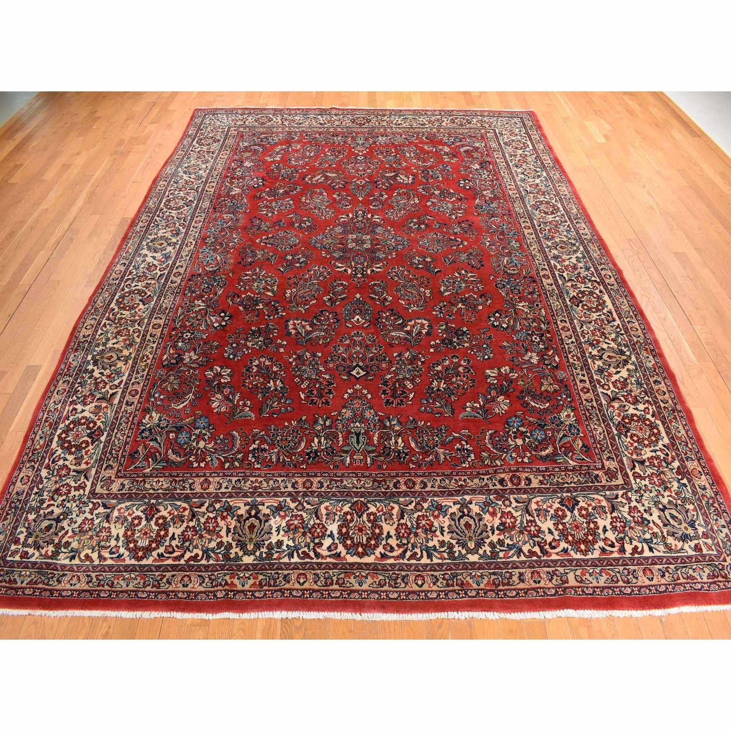 10'X13'9" Crimson Red Vintage Zoroastrian Saroogh Wool Hand Knotted Rug