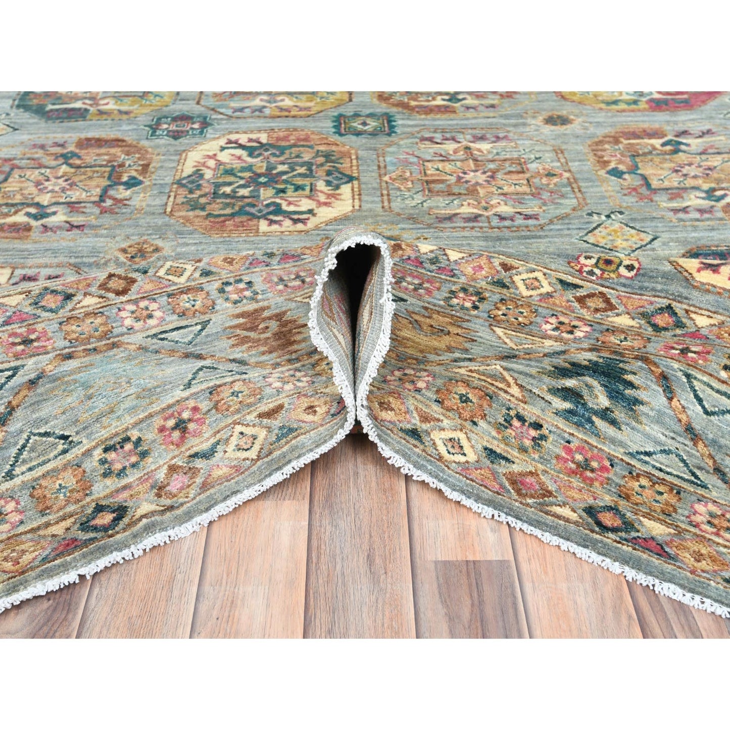 9'9"X14'1" Silver Blue Afghan Super Kazak Pure Wool Hand Knotted Rug