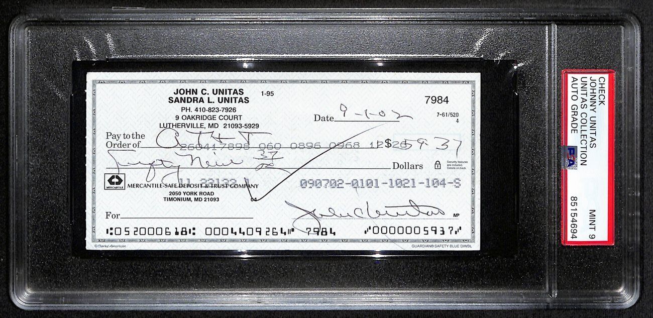Johnny Unitas Signed 9/1/02 Check Psa/Dna Mint 9