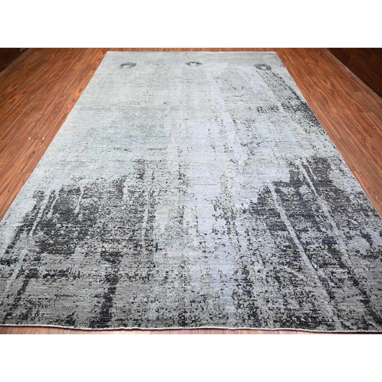 8'10"X12'9" Cloud Gray Modern Galaxy Design Pure Wool Hand Knotted Rug