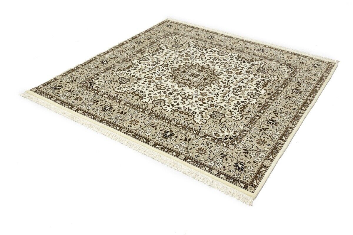 Hand-Knotted Kirman Square Rug Cream Floral Wool