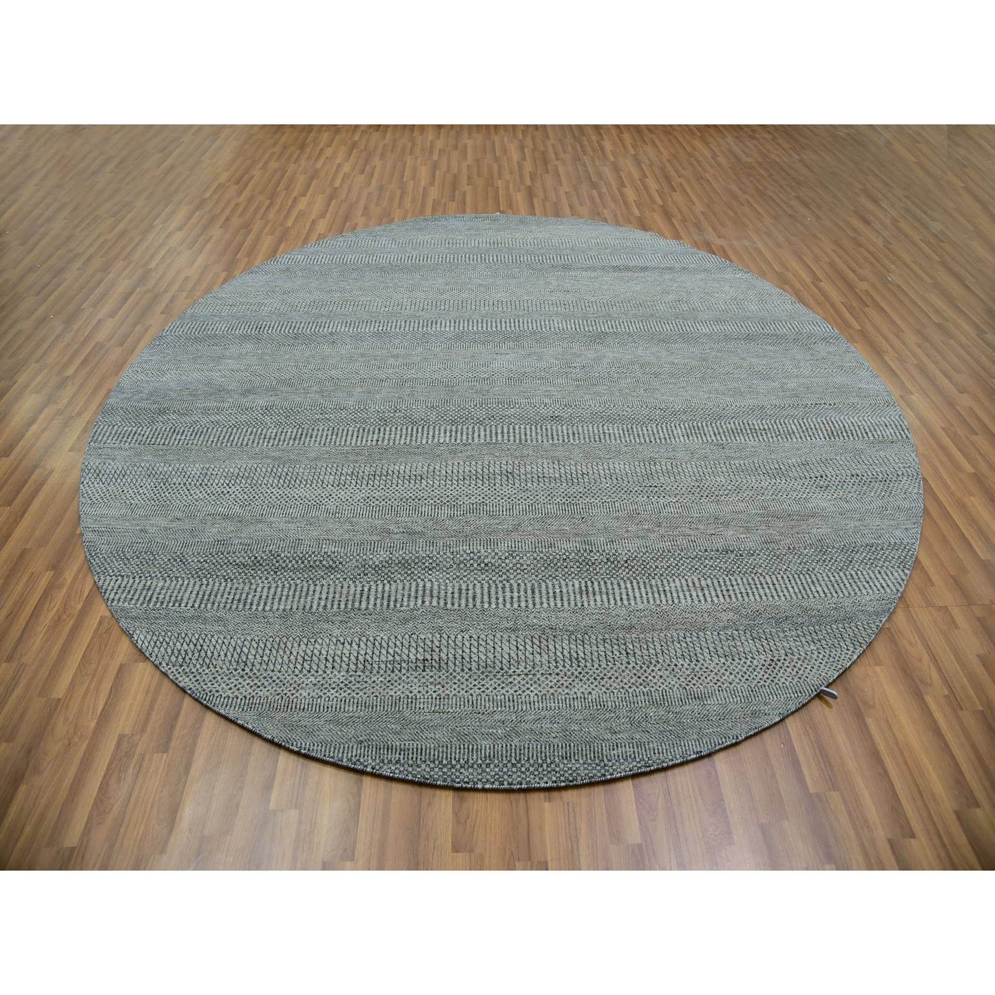 10'X10' Trout Gray Hand Knotted Modern Grass Design Undyed Wool Round Rug