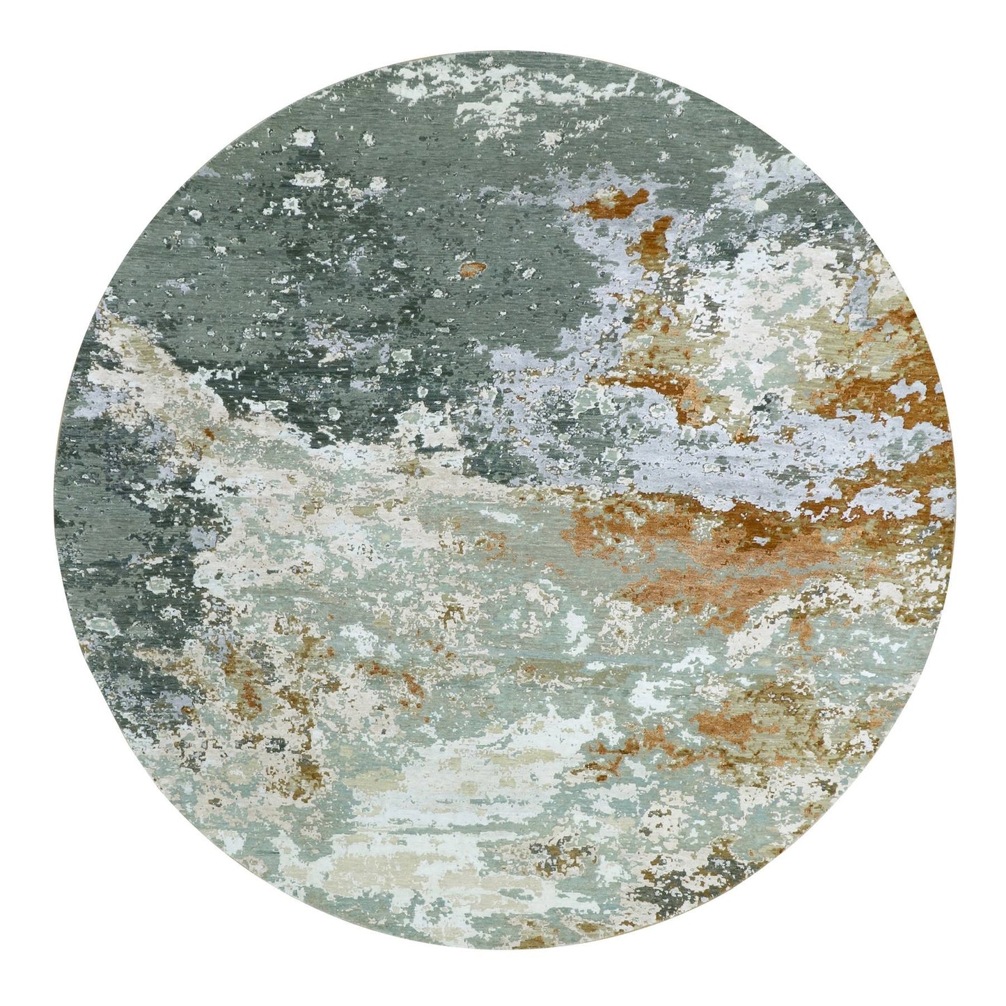 9'9"X9'9" Shades Of Gray Abstract Design Pure Wool Hand Knotted Round Rug